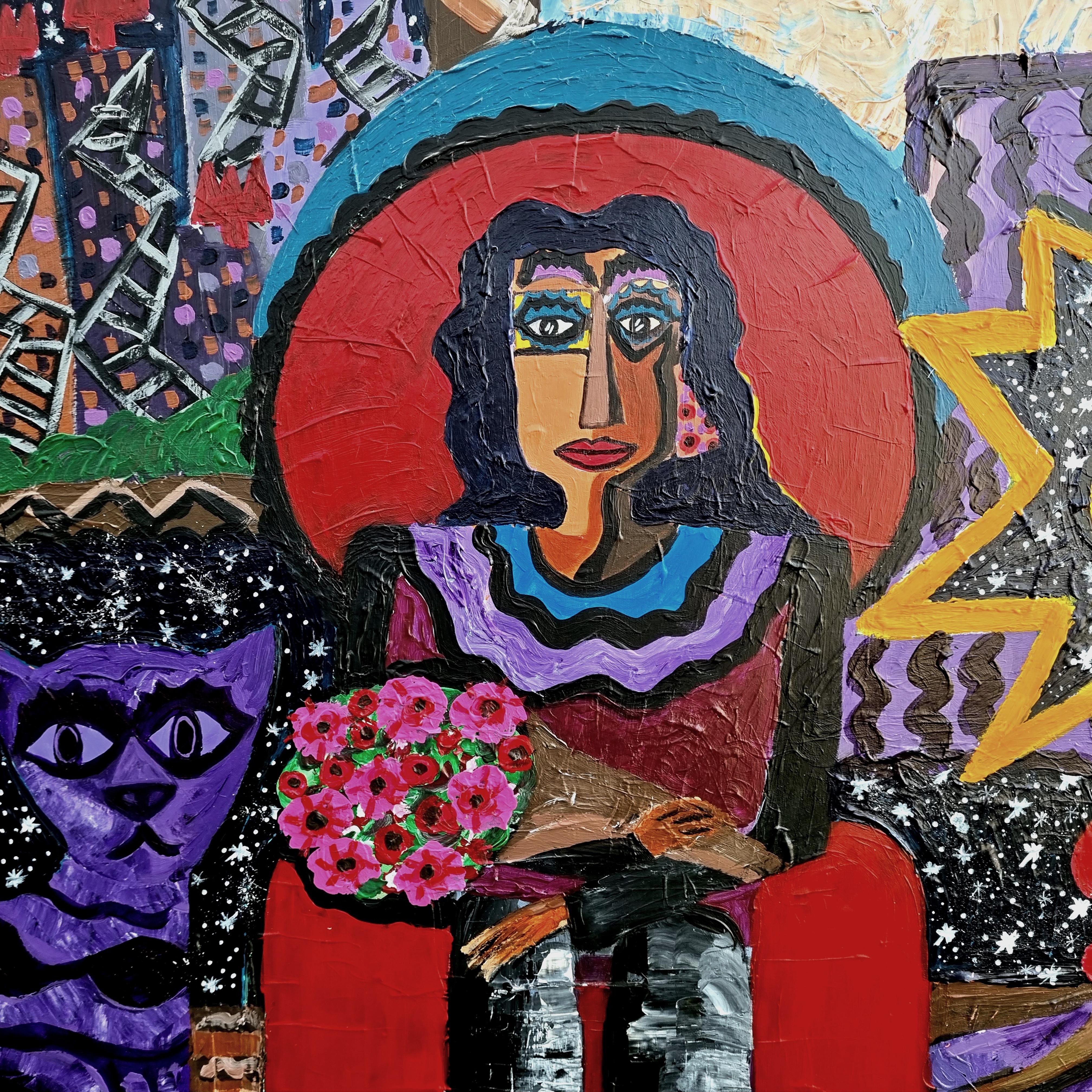 R. Poch   Clock  Cat  Character  Red  original acrylic painting - Black Still-Life Painting by Ramon Poch