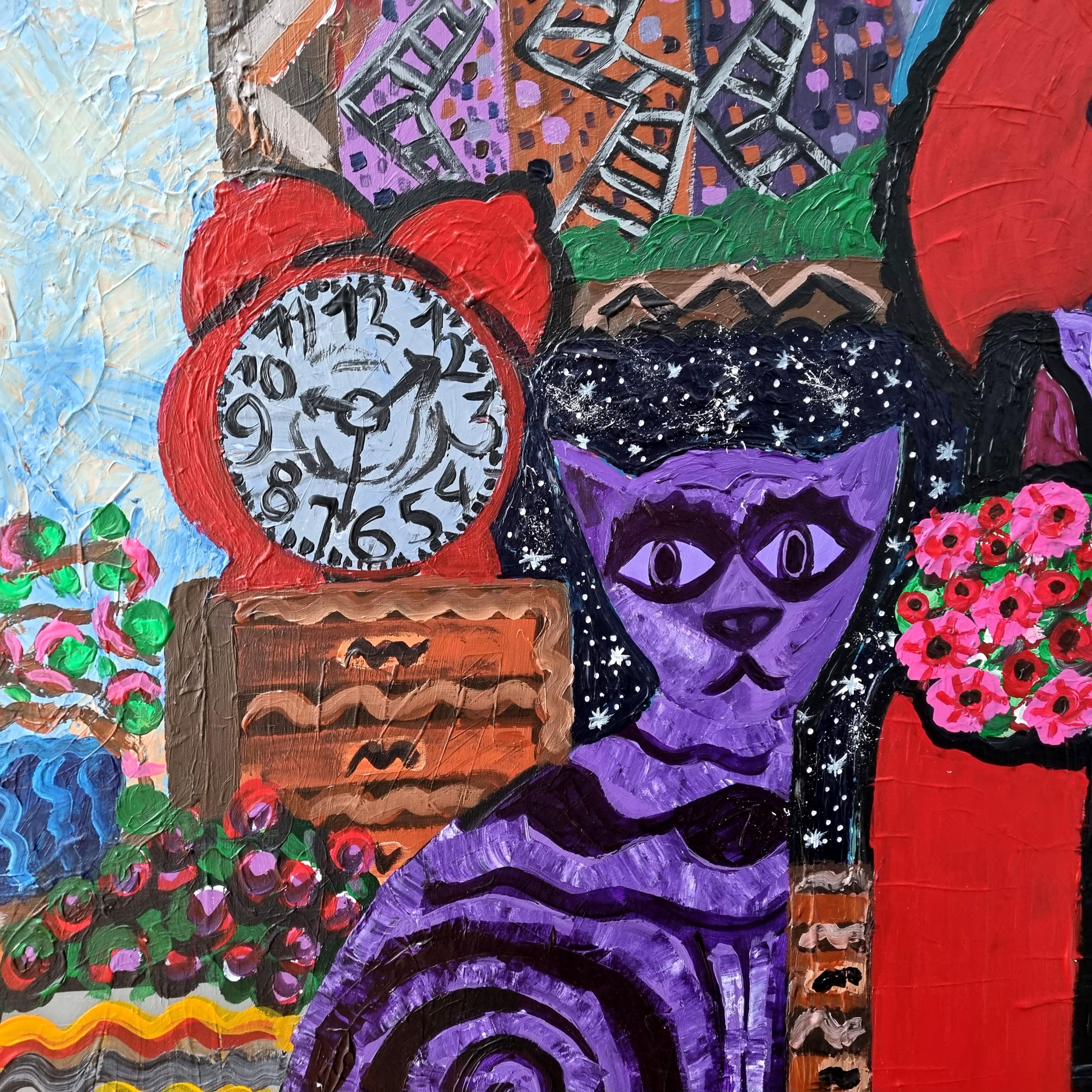 R. Poch   Clock  Cat  Character  Red  original acrylic painting For Sale 1