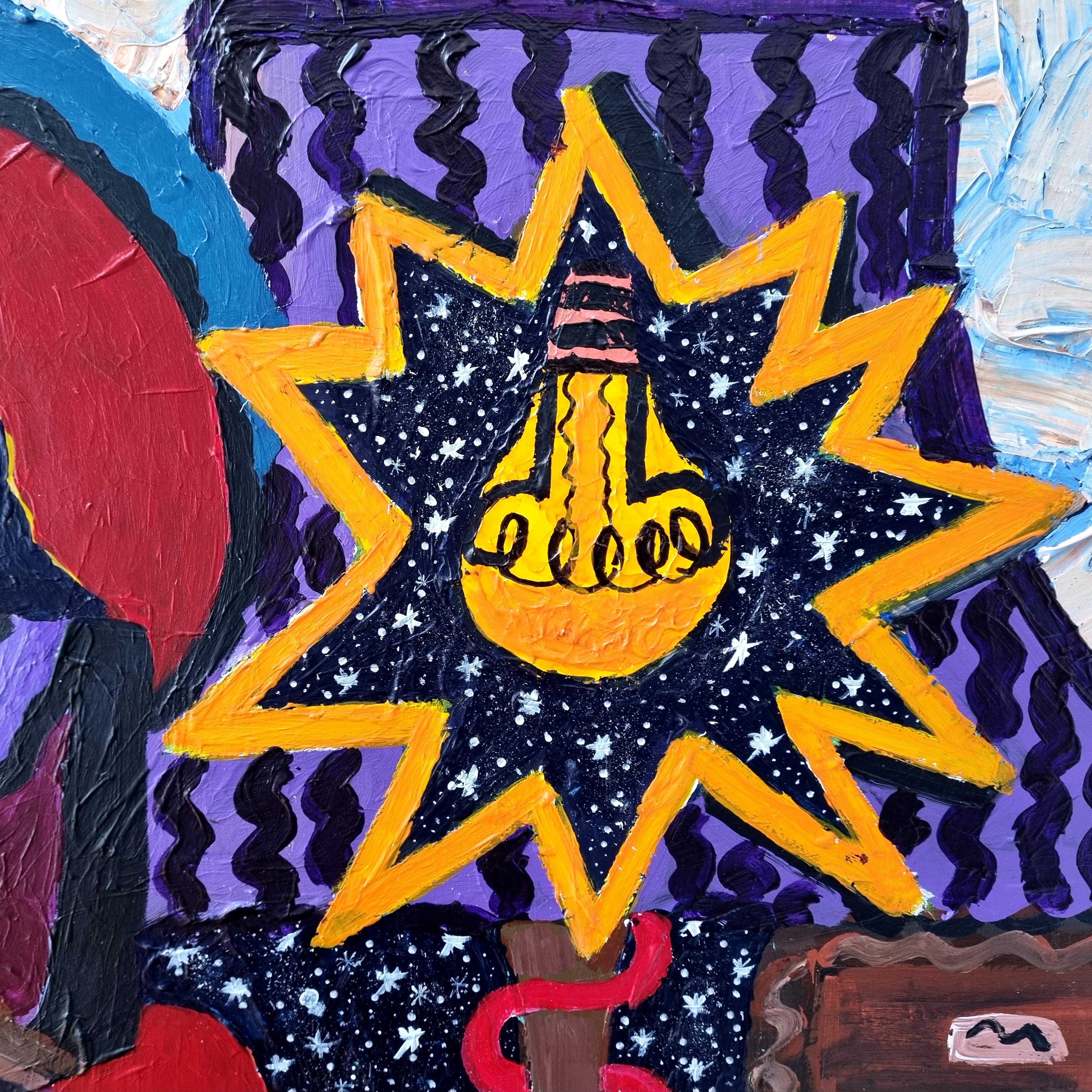 R. Poch   Clock  Cat  Character  Red  original acrylic painting For Sale 2