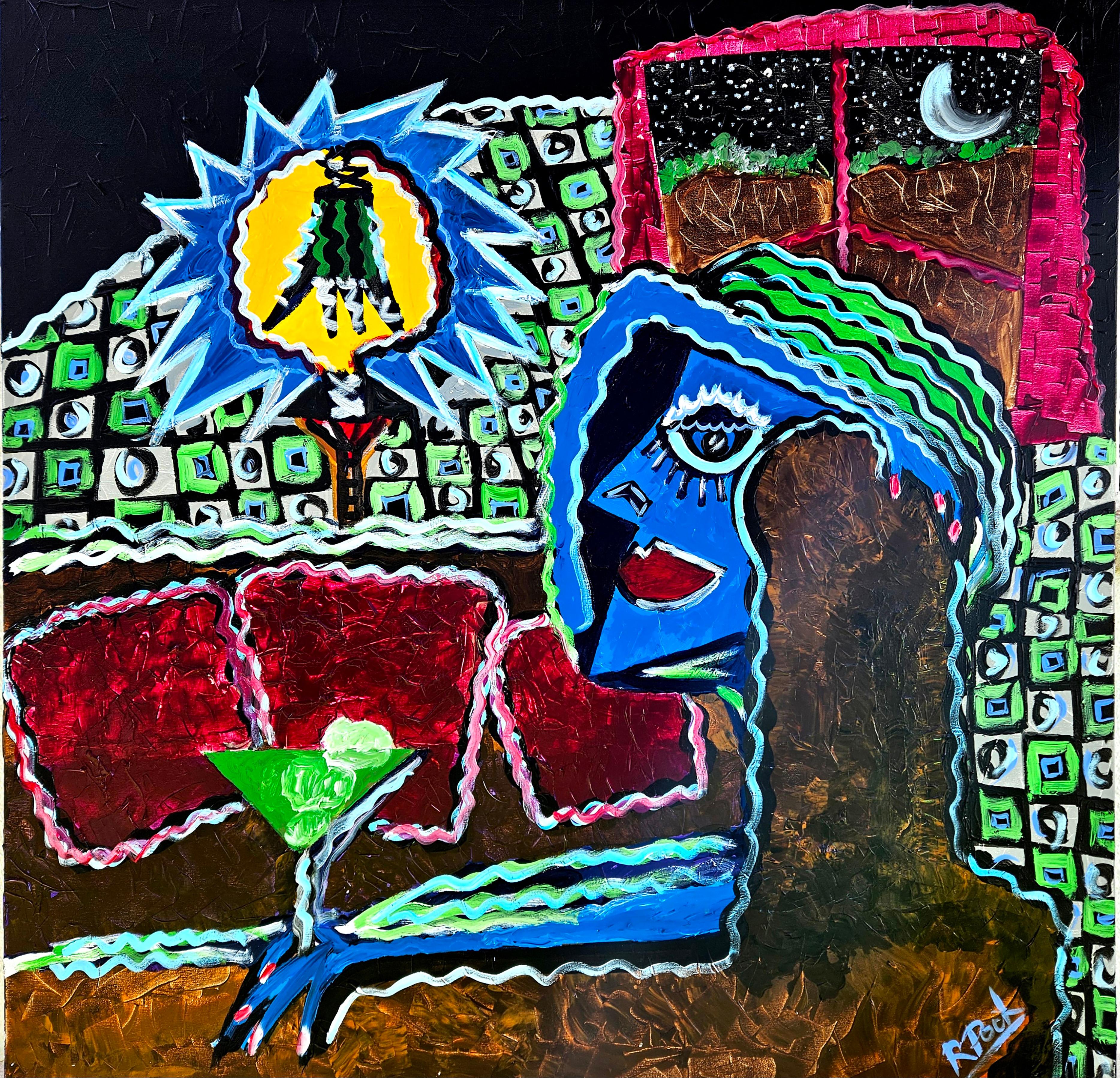 R. Poch   Cocktail nella notte, pittura acrilica originale - Painting di Ramon Poch