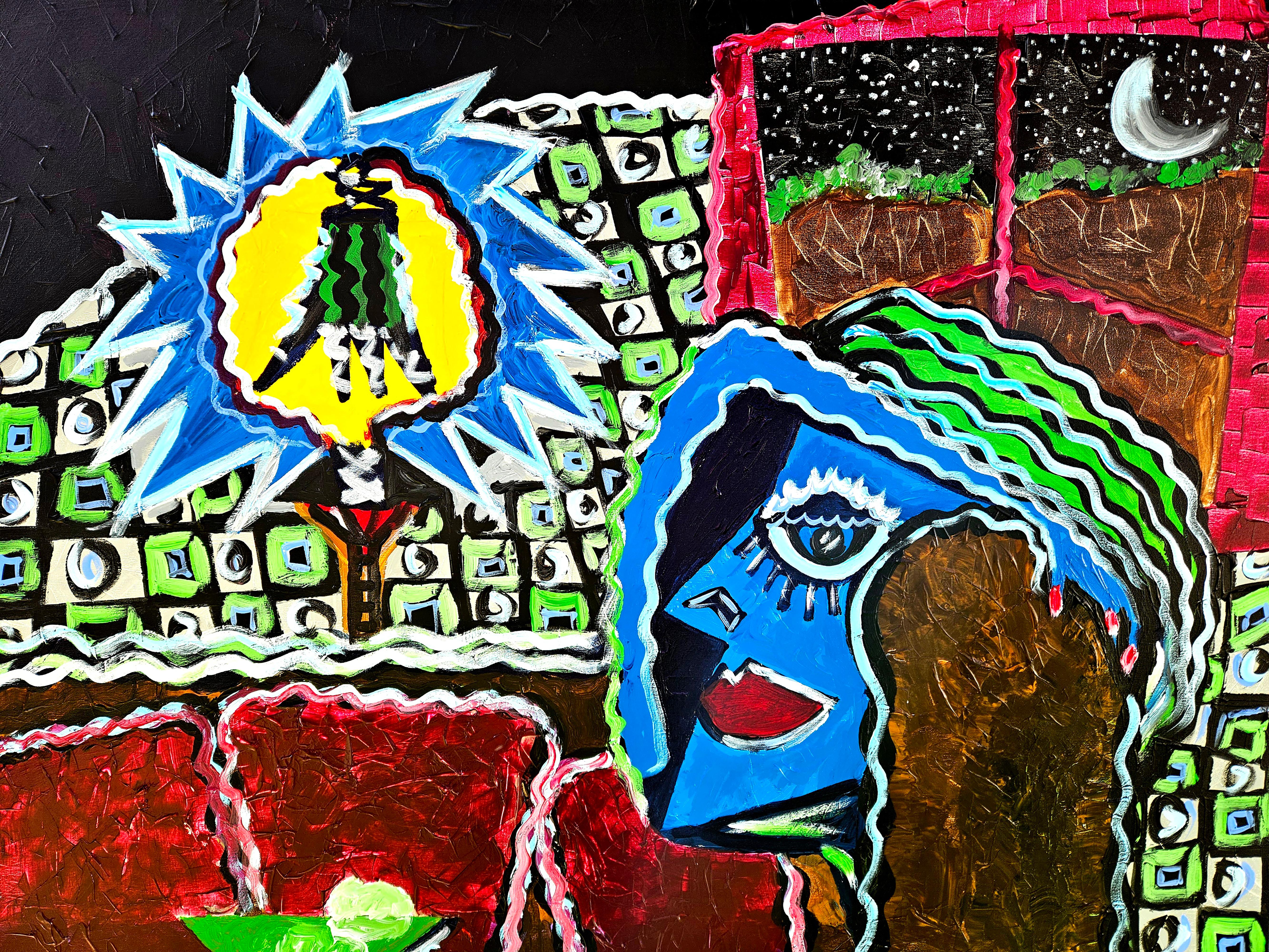 R. Poch   Cóctel en la noche pintura acrílica original en venta 1