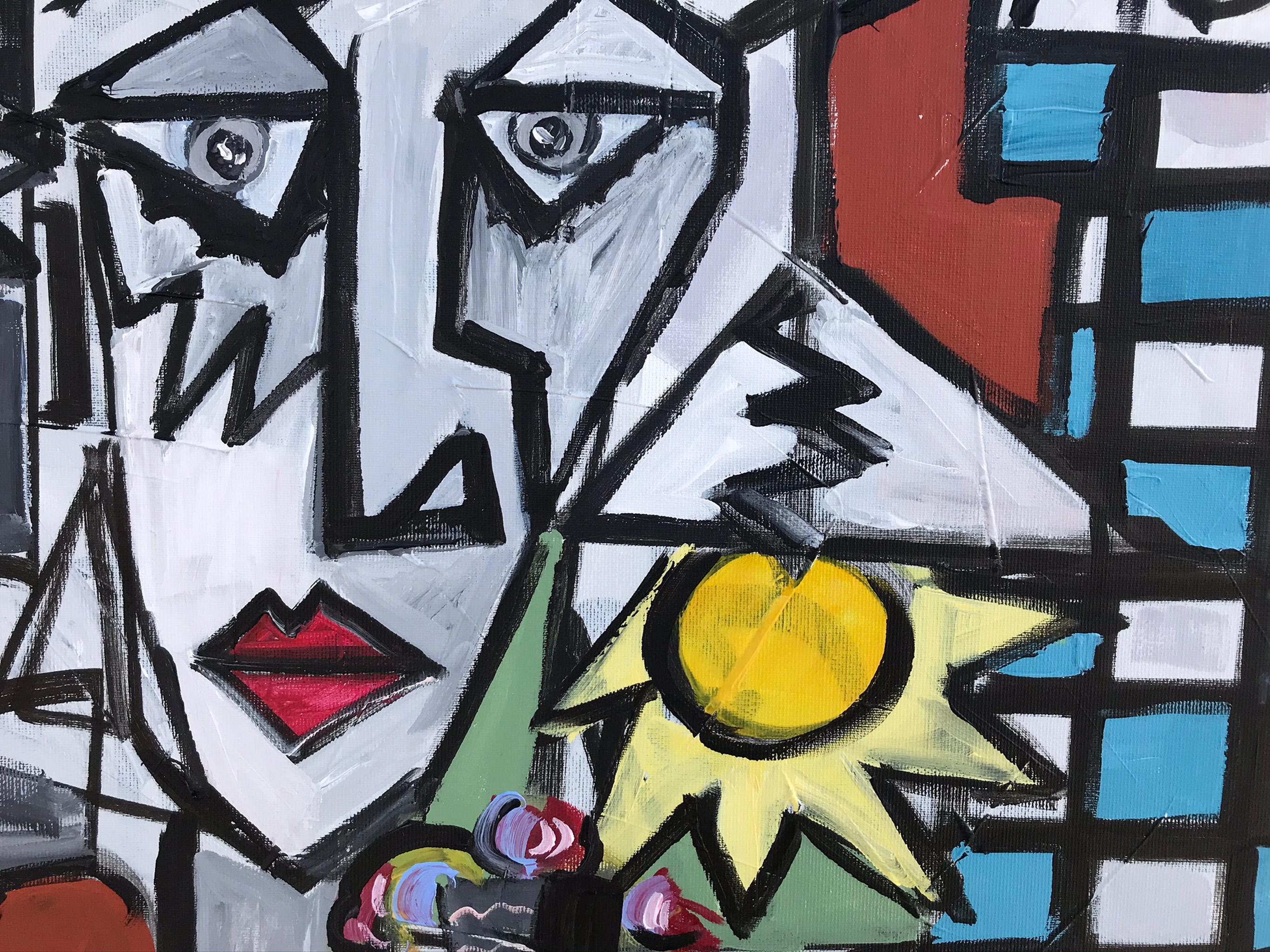 R. Poch.   Coppia con gatto  pittura acrilica originale - Abstract Painting Grigio di Ramon Poch
