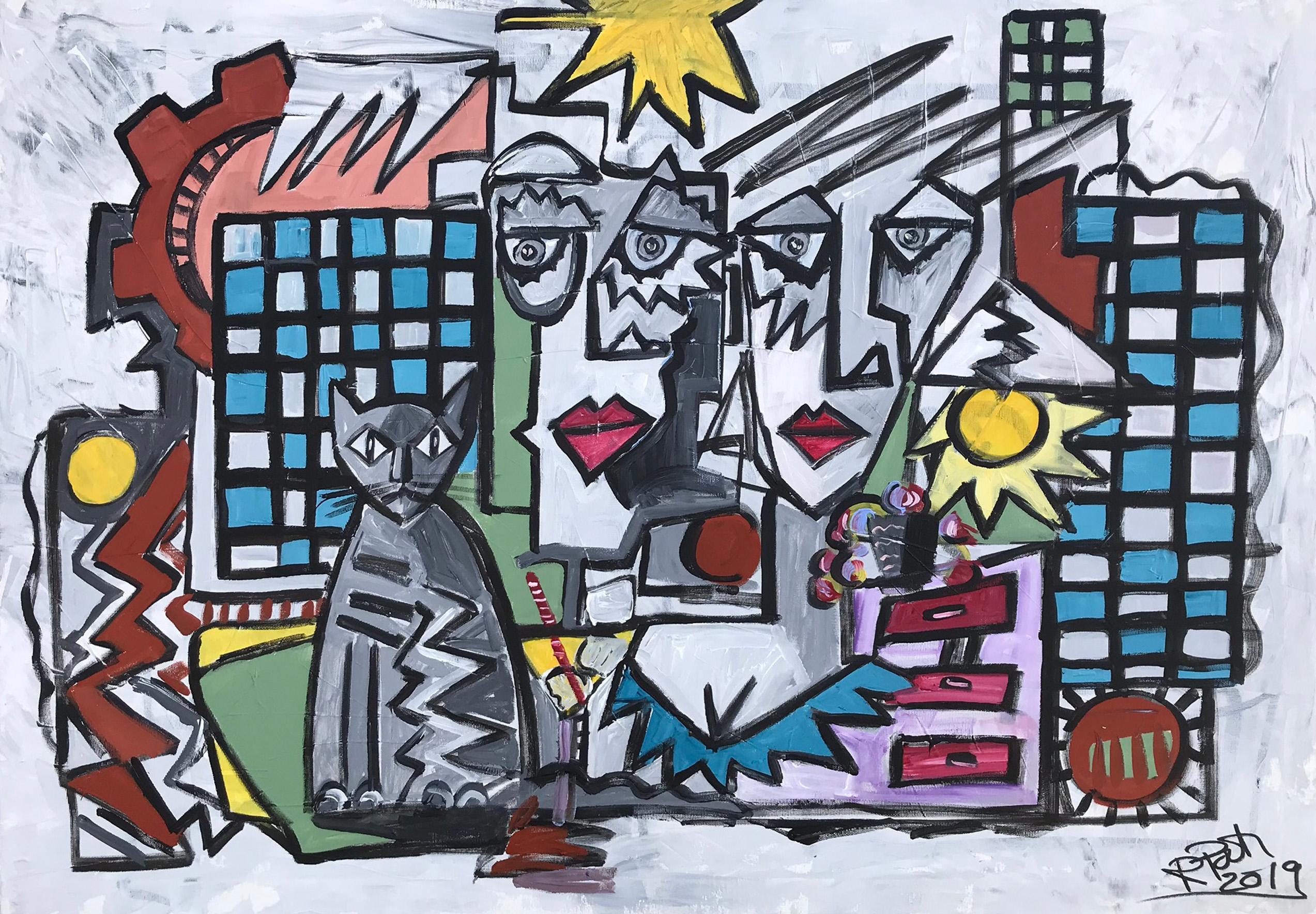 Abstract Painting di Ramon Poch - R. Poch.   Coppia con gatto  pittura acrilica originale