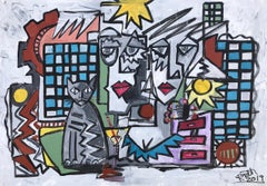 R. Poch.   Coppia con gatto  pittura acrilica originale