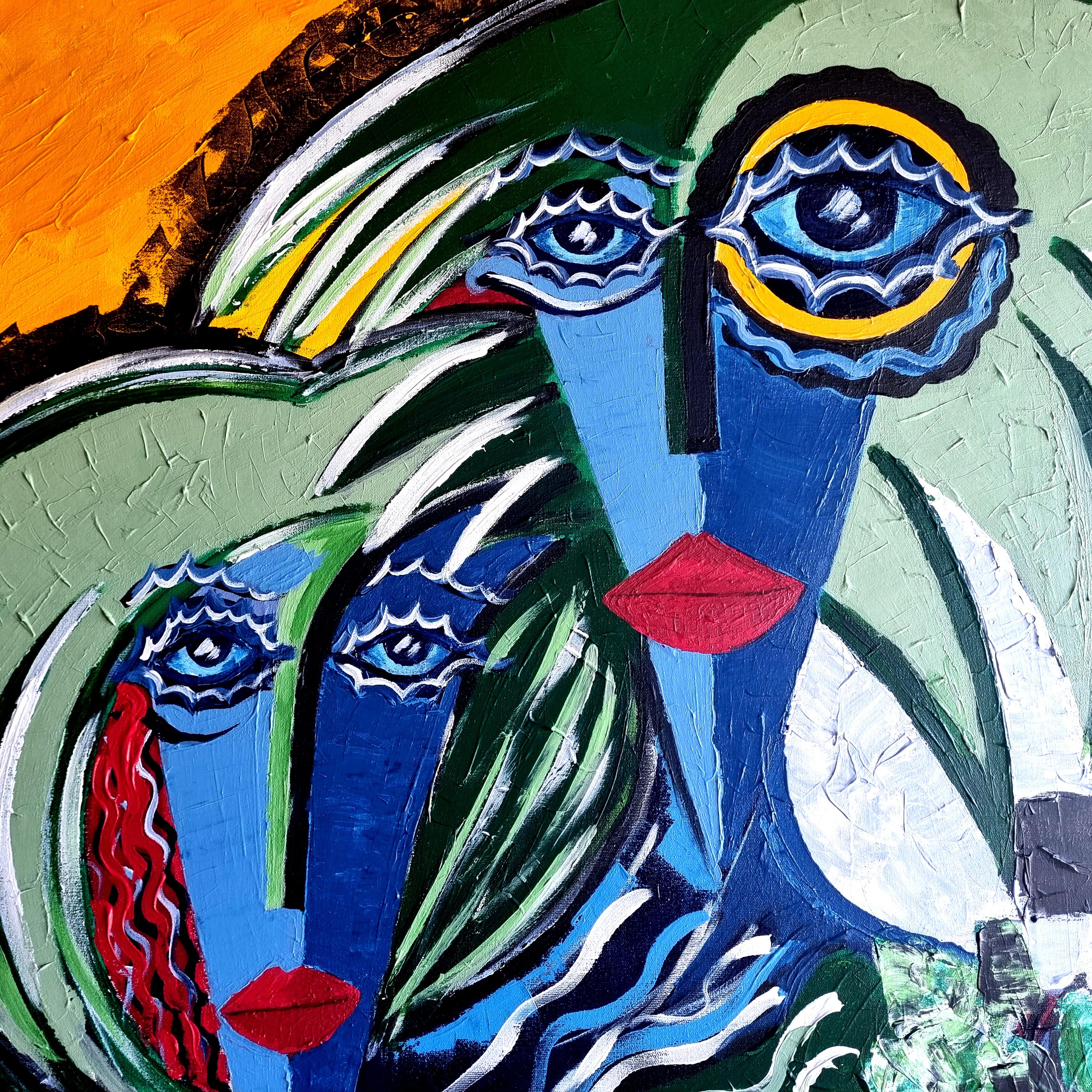 R. Poch Couple avec fleurs cm original acrylique - Beige Abstract Painting par Ramon Poch