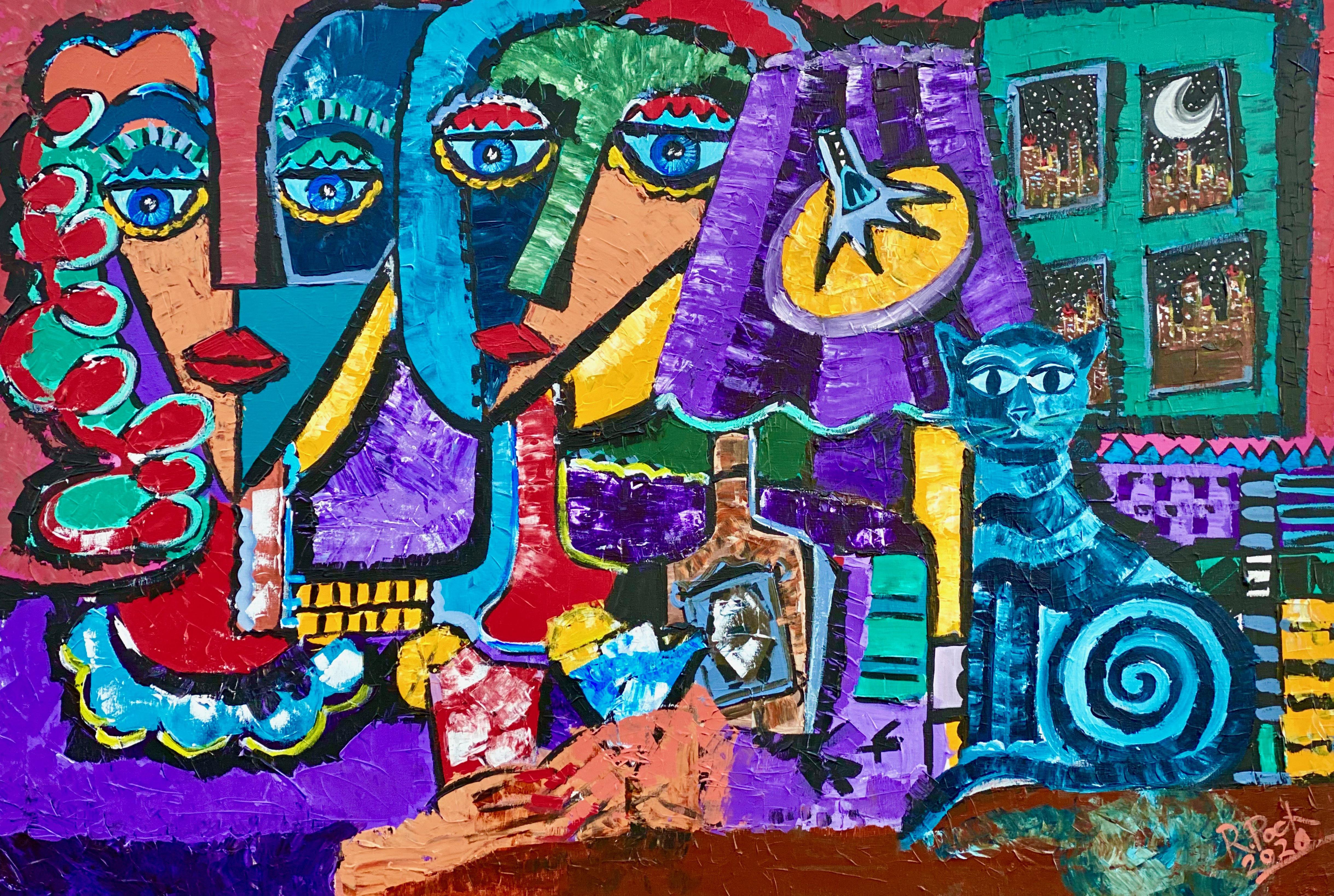 R. Poch 63 Drinks Figures Colors Cat original acrylic painting