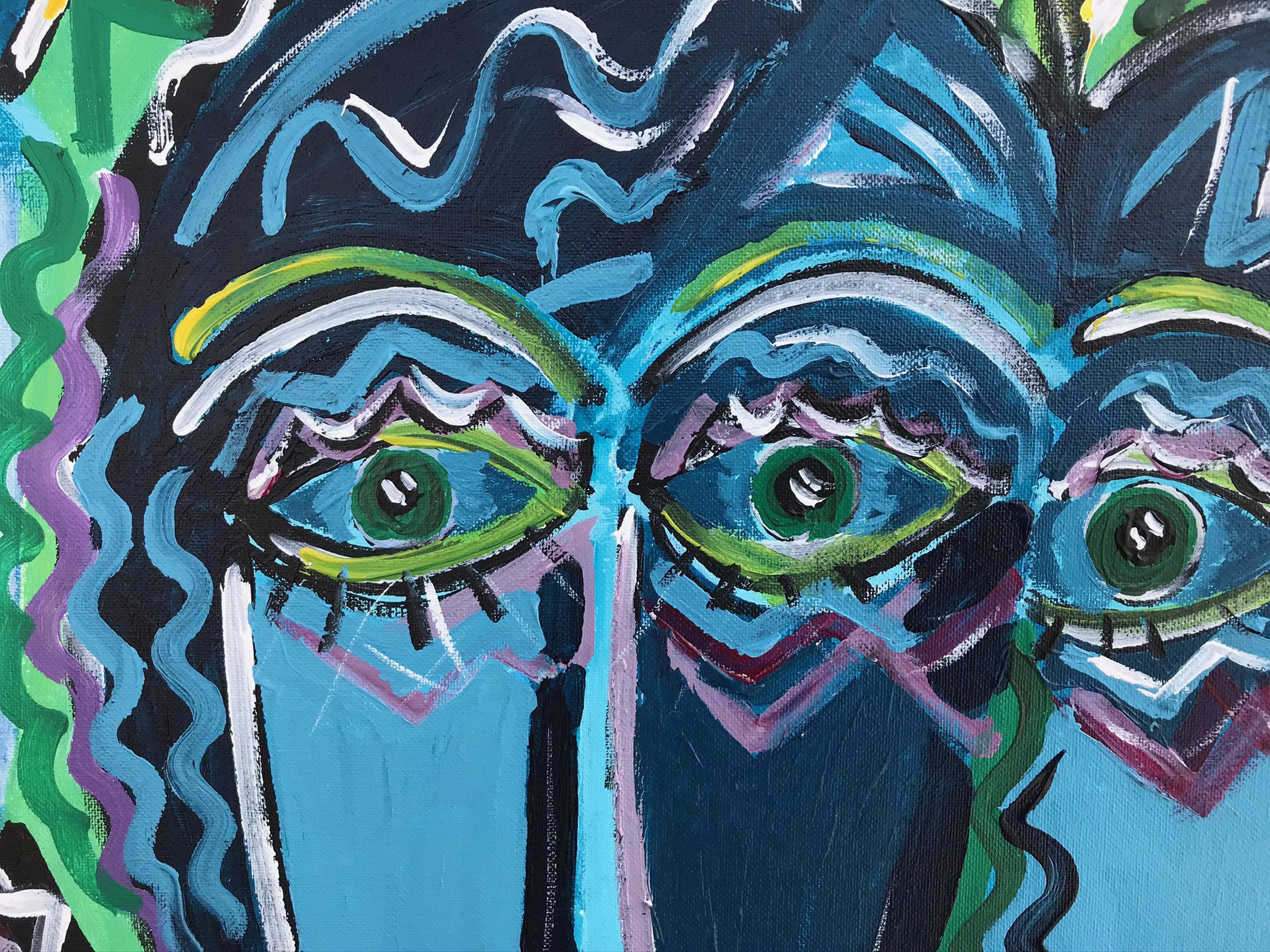 R. Poch. Zahlen  Gesichter  Blau   Acrylmalerei – Painting von Ramon Poch