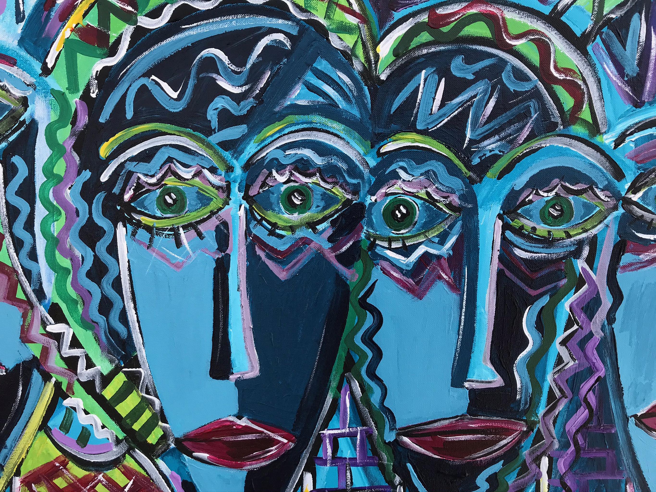  R. Poch. Figures  Faces  Blue   acrylic painting - Contemporary Painting by Ramon Poch