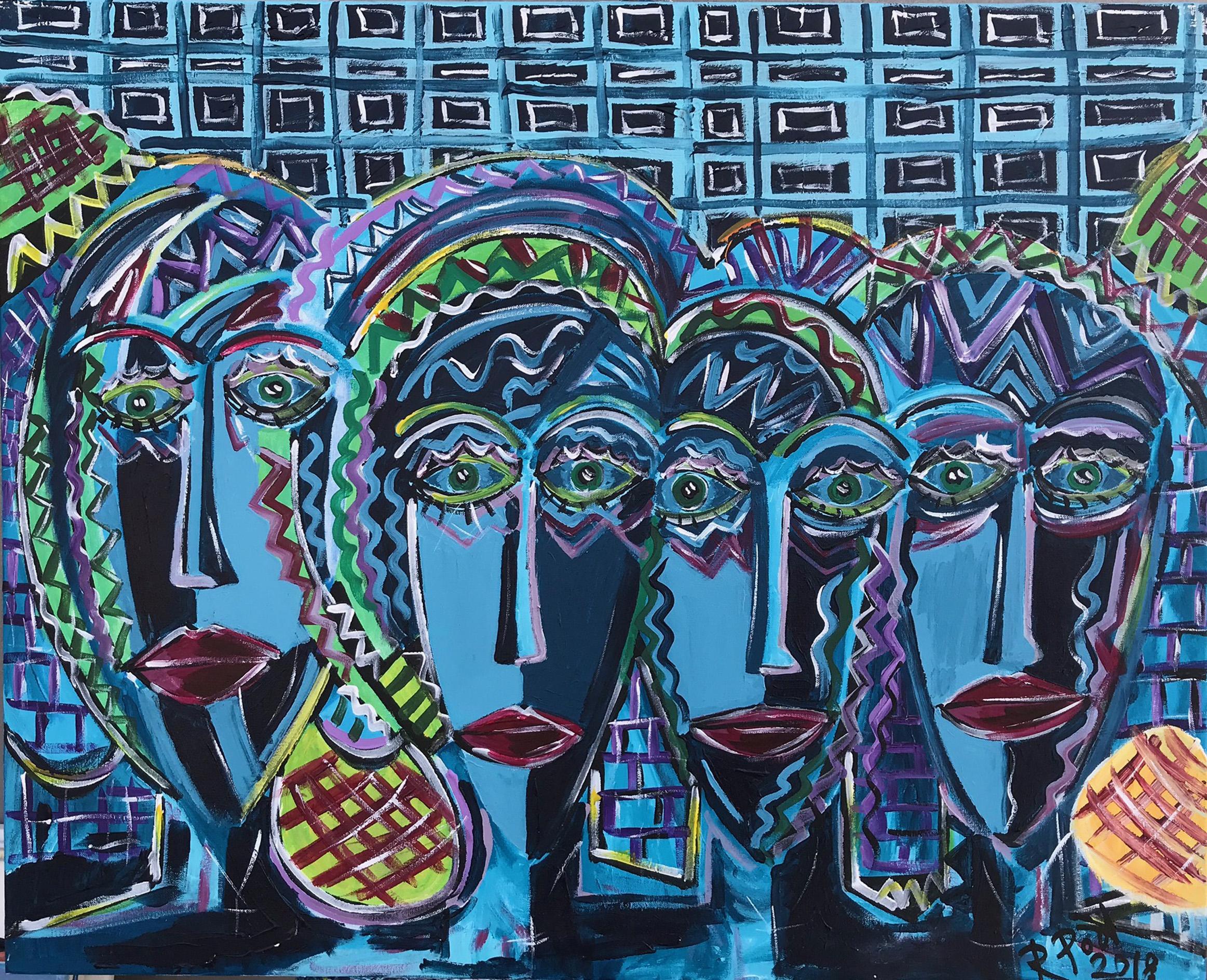 R. Poch. Zahlen  Gesichter  Blau   Acrylmalerei