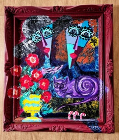R. Poch.  flowers and cat  original acrylic canvas painting
