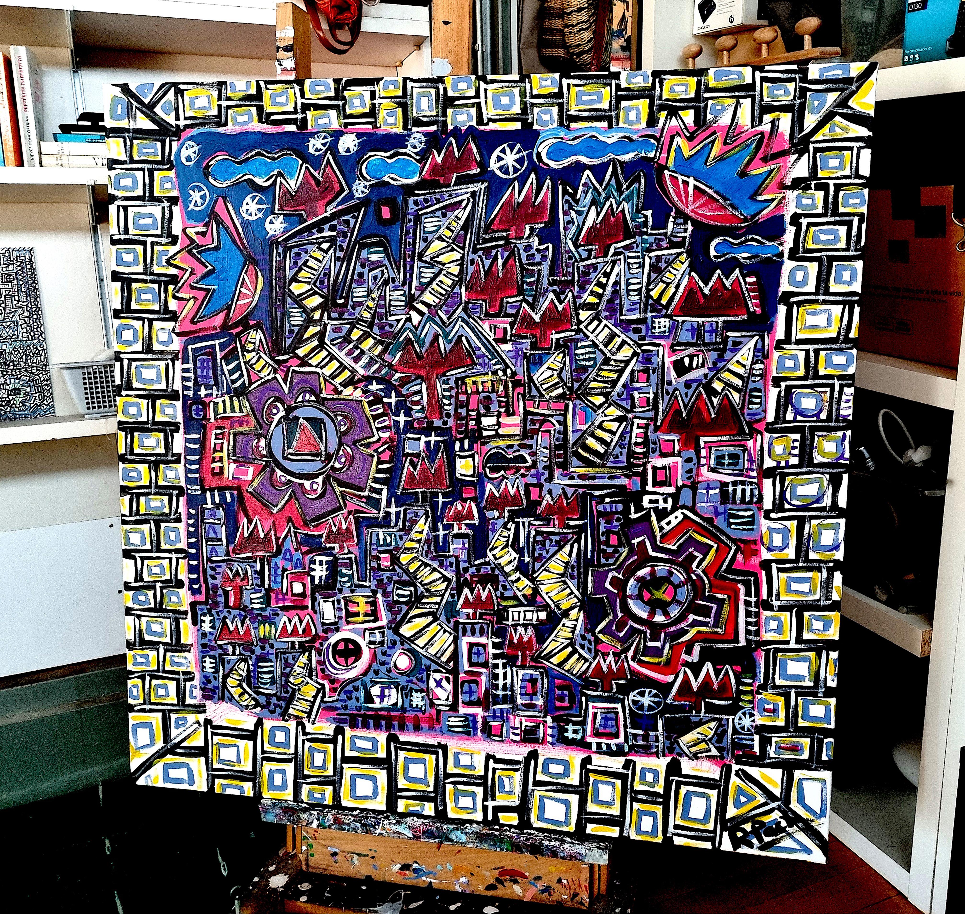 R. Poch INDUSTRIAL CITY 120 x 120 cm Original Acrylgemälde, Original (Abstrakter Expressionismus), Painting, von Ramon Poch
