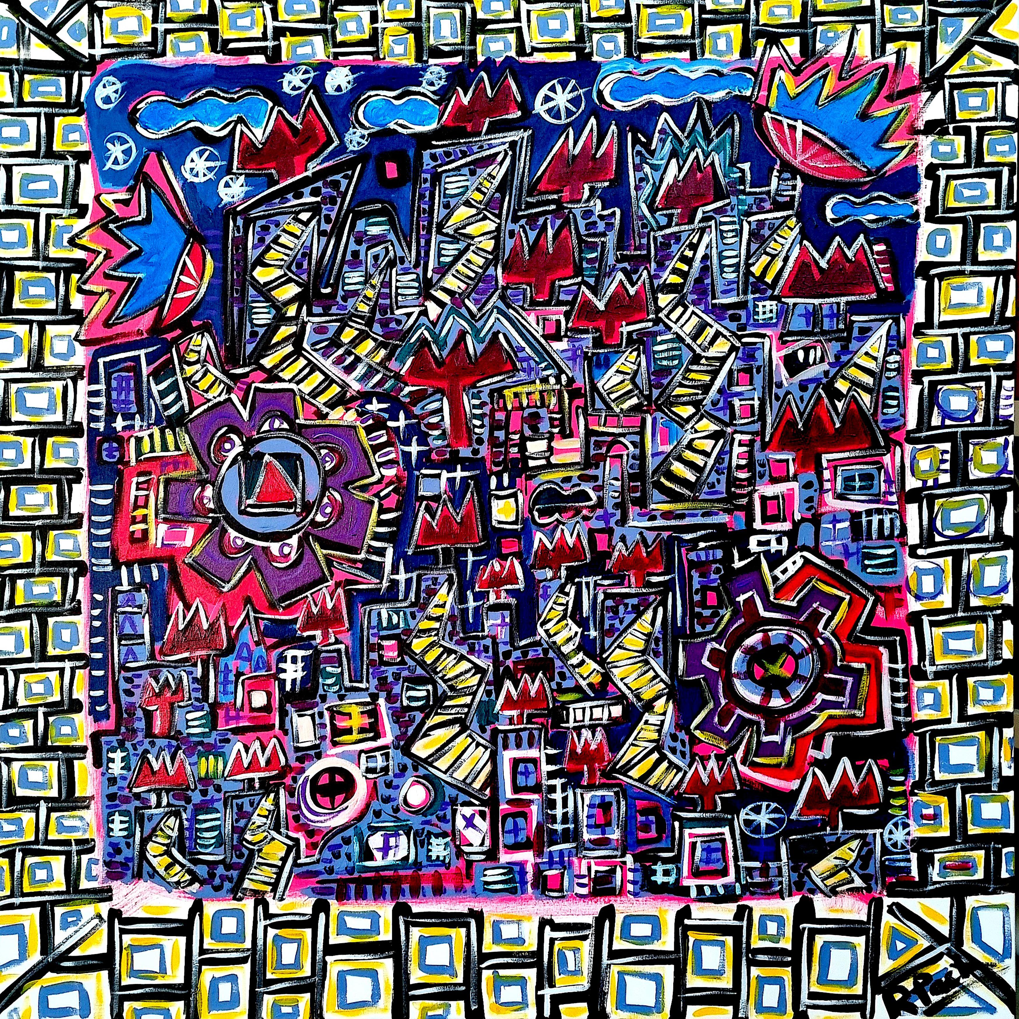 R. Poch INDUSTRIAL CITY 120 x 120 cm original acrylic painting