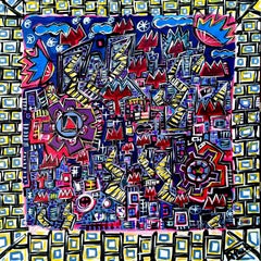 R. Poch INDUSTRIAL CITY 120 x 120 cm peinture acrylique originale