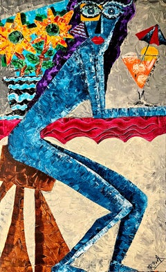 Maria in Blue Acrylic Painting, Abstract Expressionist, Framed, 2010+