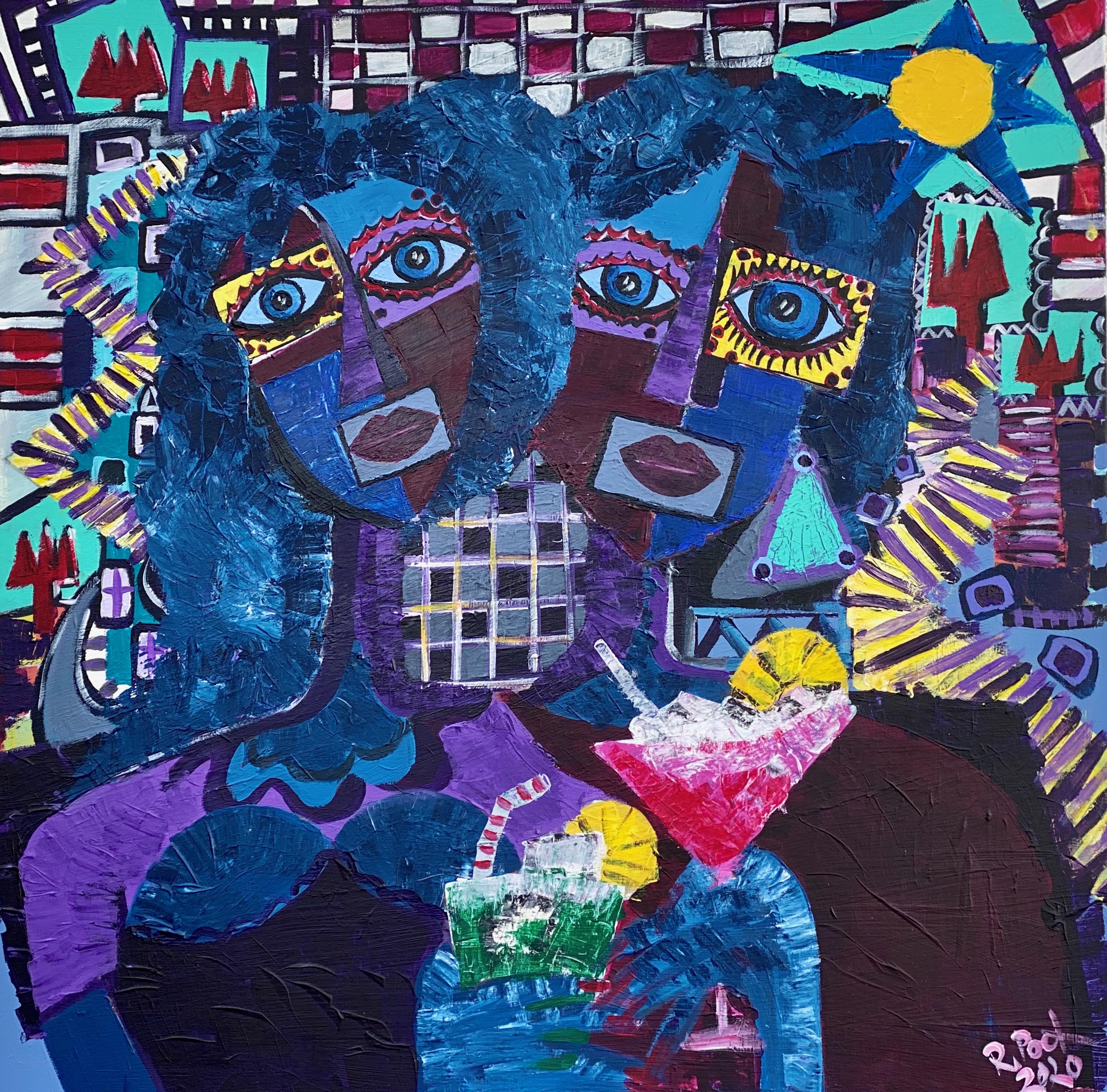 R. Poch  Partying  Toast  Blue  original acrylic painting - Painting by Ramon Poch