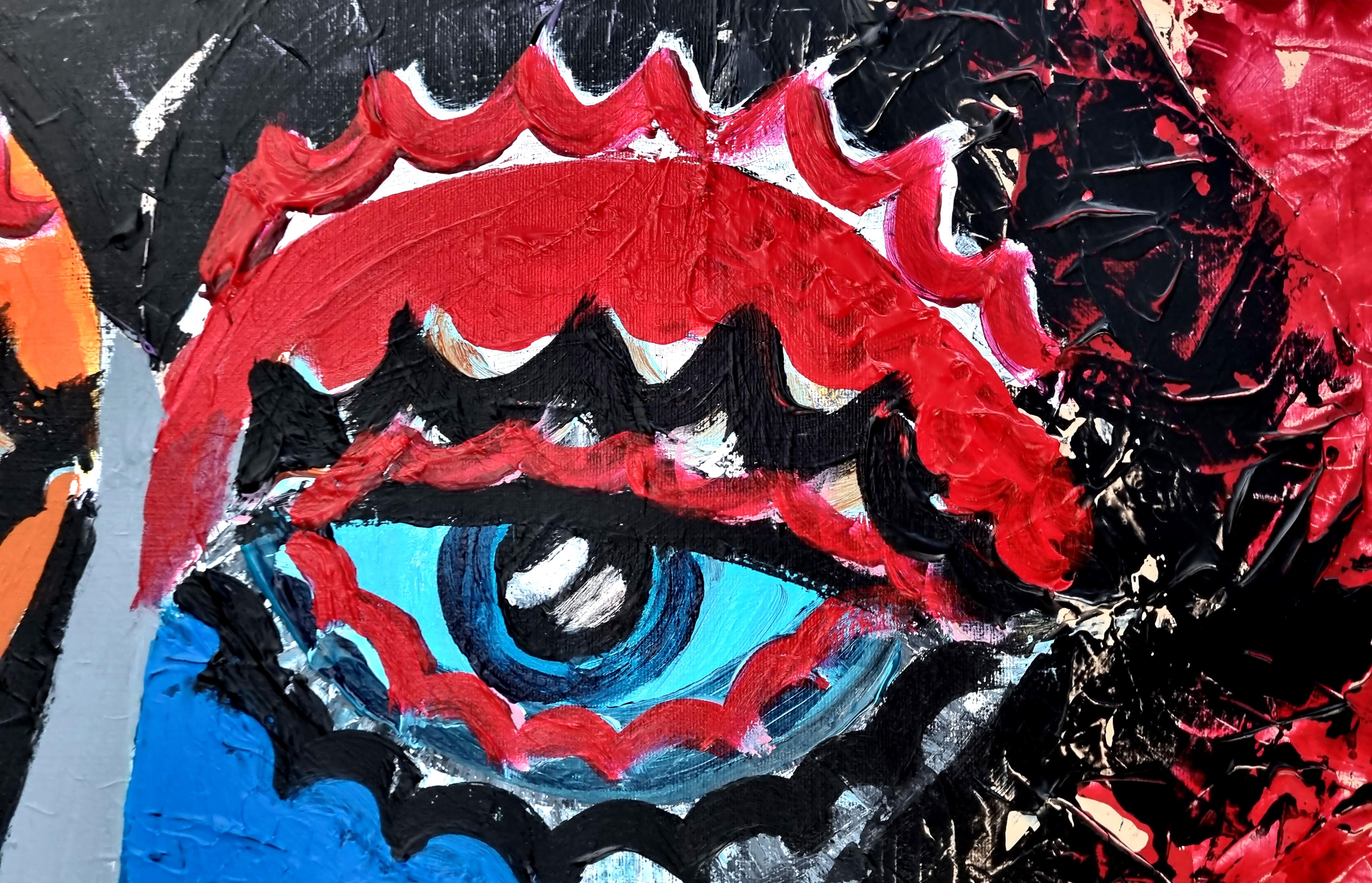 R. Poch  Red. Retrato con copas original acrylic painting For Sale 3
