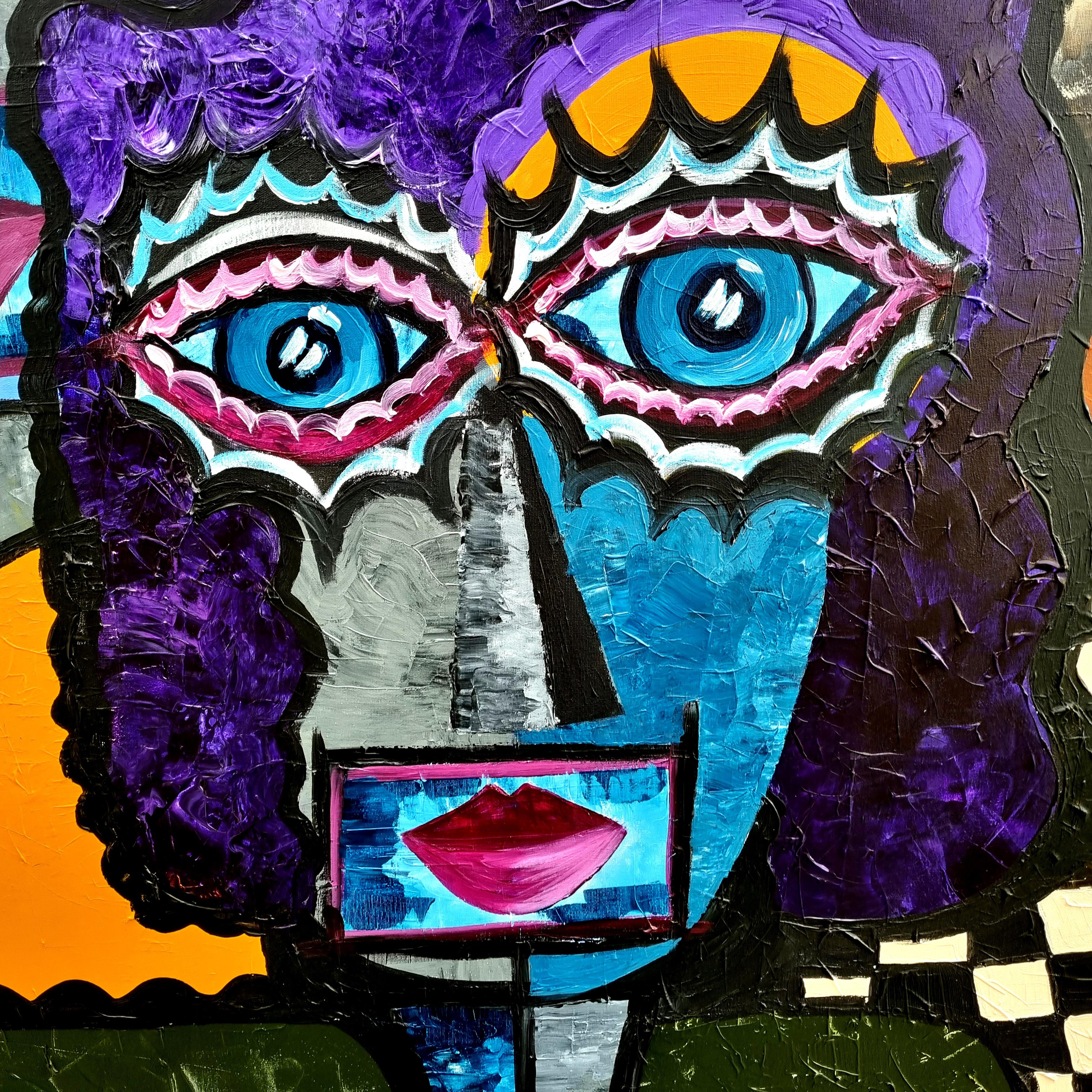 R. Poch  Two Characters  Big  Square. original acrylic painting - Black Figurative Painting by Ramon Poch