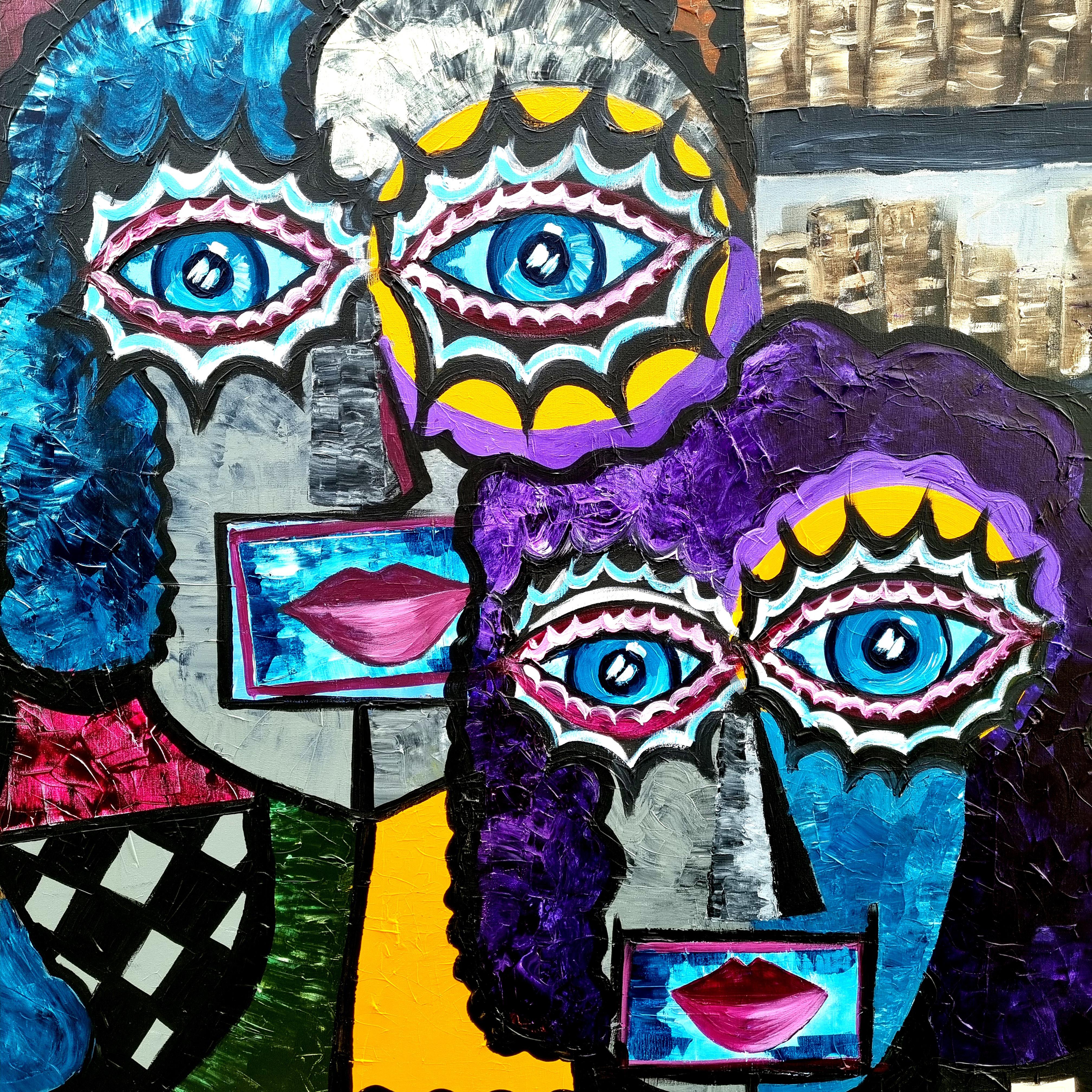 R. Poch  Dos personajes  Big  Cuadrado. pintura acrílica original en venta 3