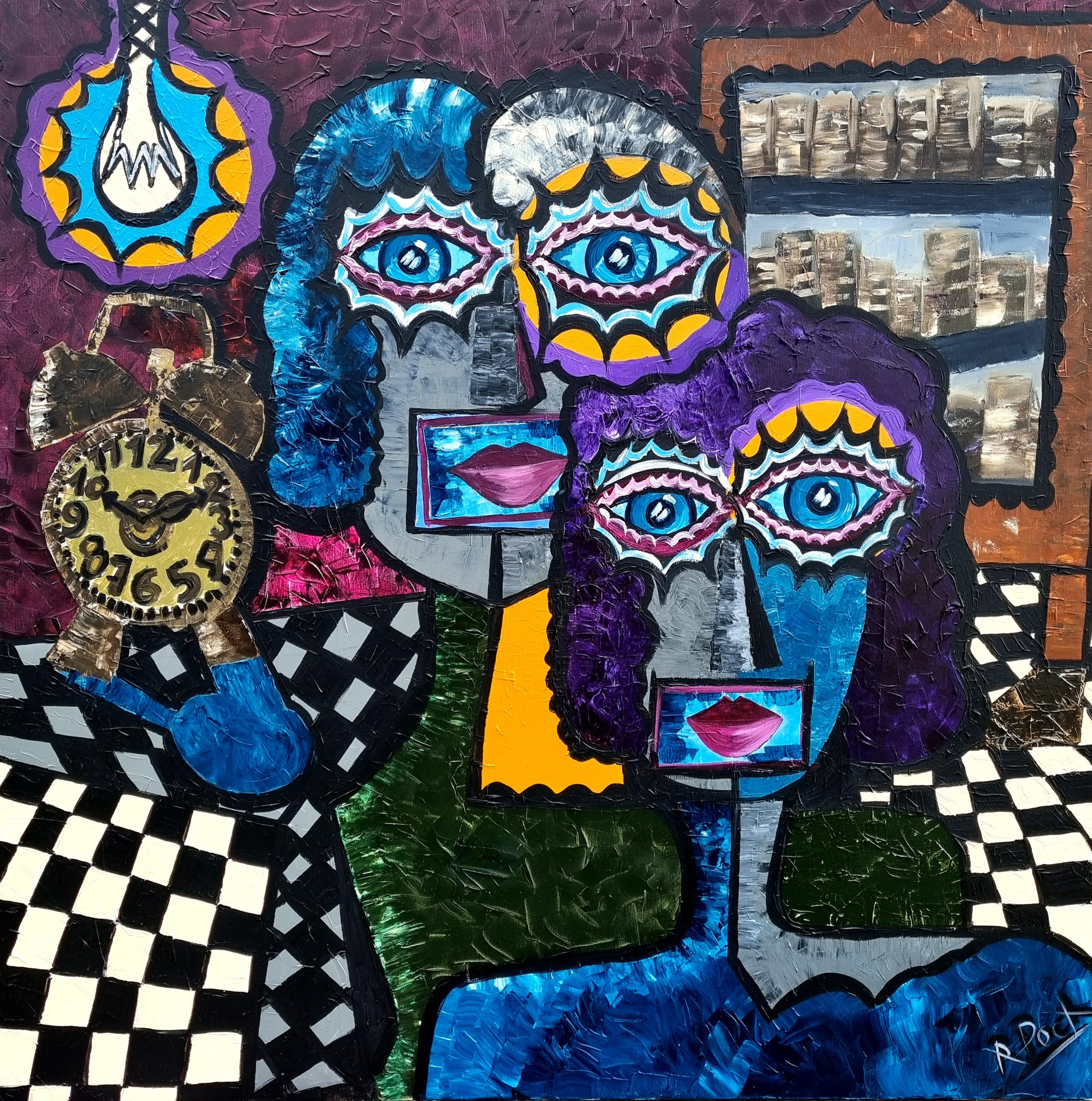 Figurative Painting de Ramon Poch - R. Poch  Dos personajes  Big  Cuadrado. pintura acrílica original