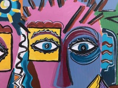 R. Poch   Two Faces Orange Happy Couple   acrylic painting