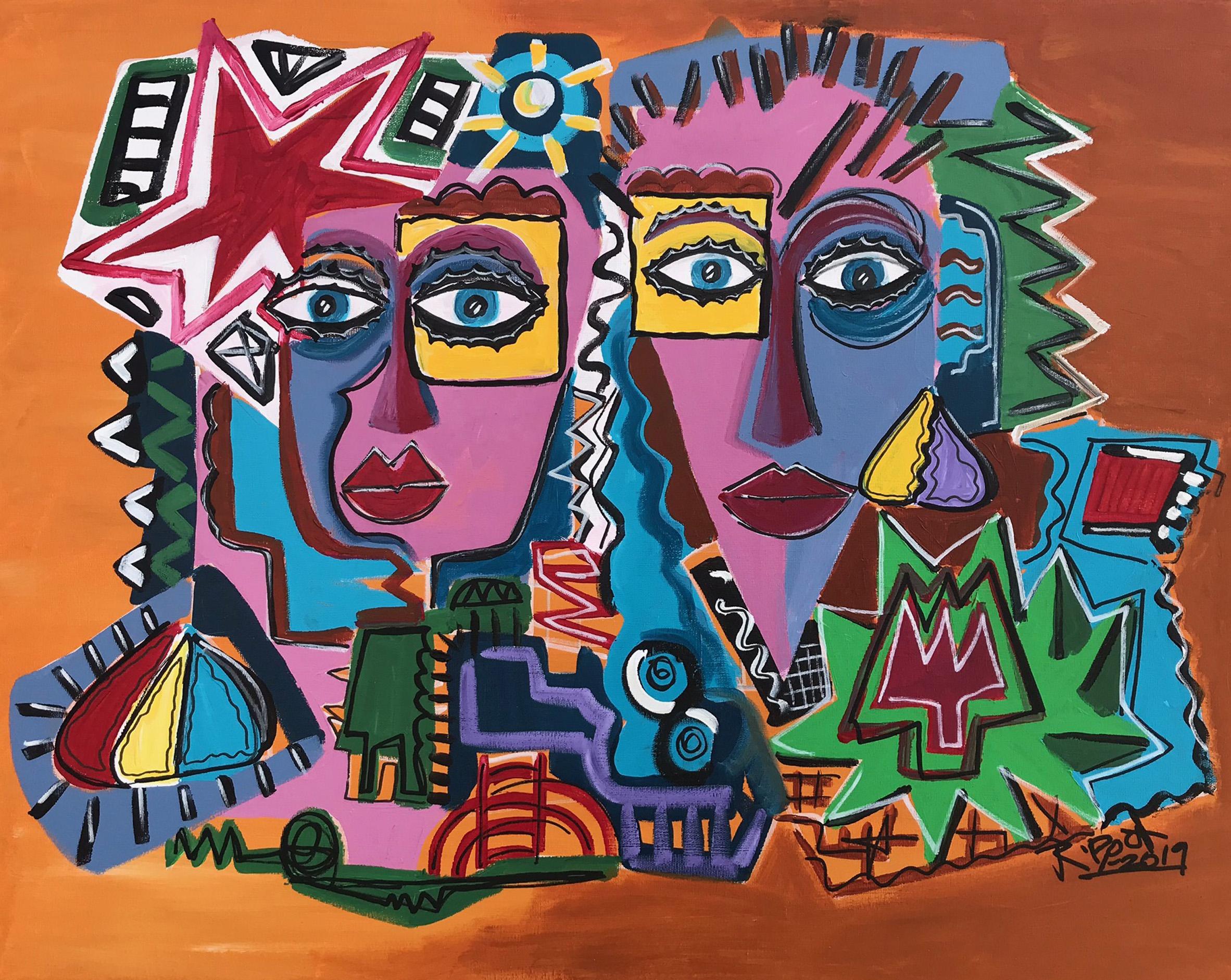 Figurative Painting di Ramon Poch - R. Poch   Coppia felice dai due volti arancioni   pittura acrilica