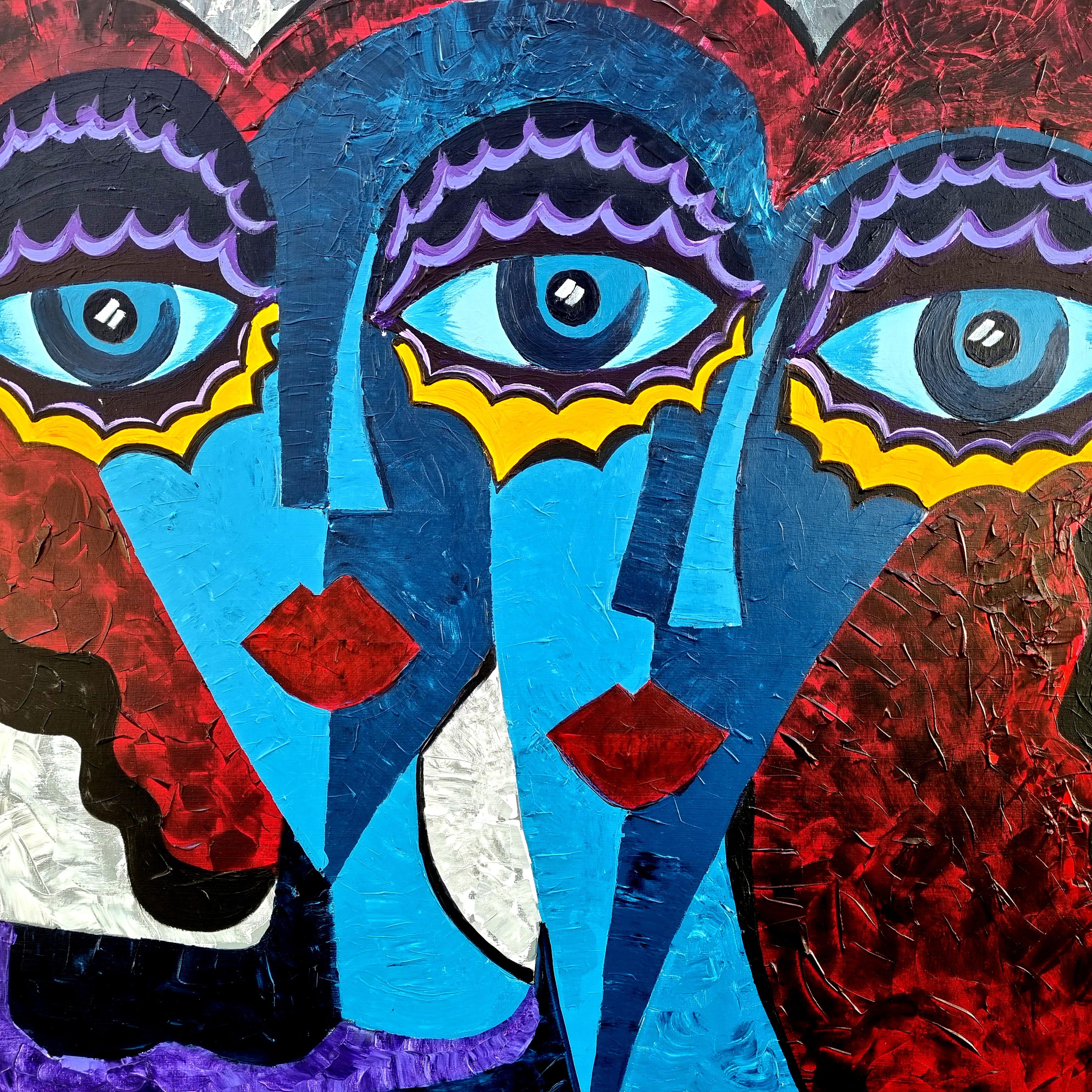  R. Poch. Two Woman Blue  Eyes original acrylic canvas painting - Abstract Expressionist Painting by Ramon Poch