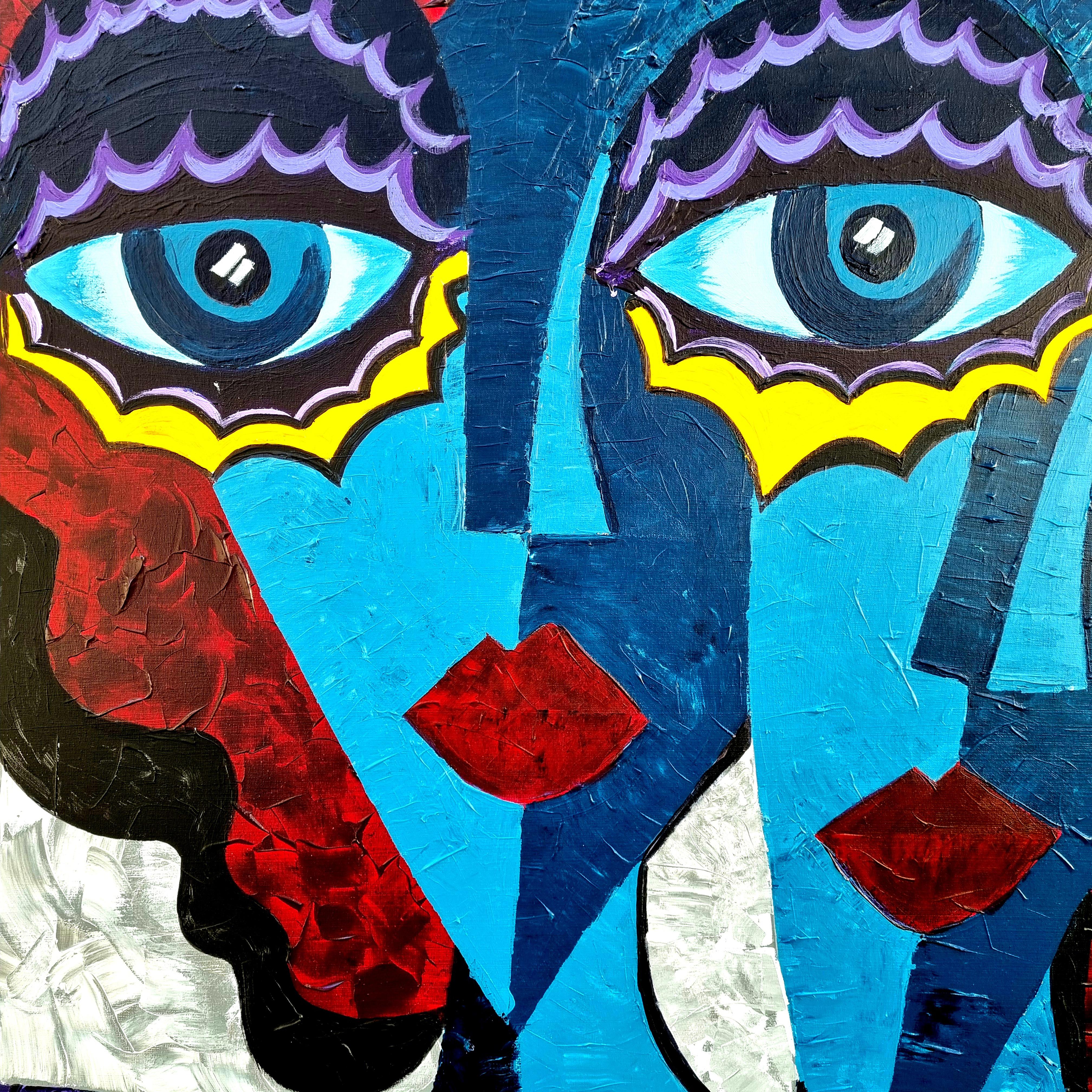R. Poch. Dos mujeres azules  Ojos pintura original en lienzo acrílico - Abstract Painting Azul de Ramon Poch