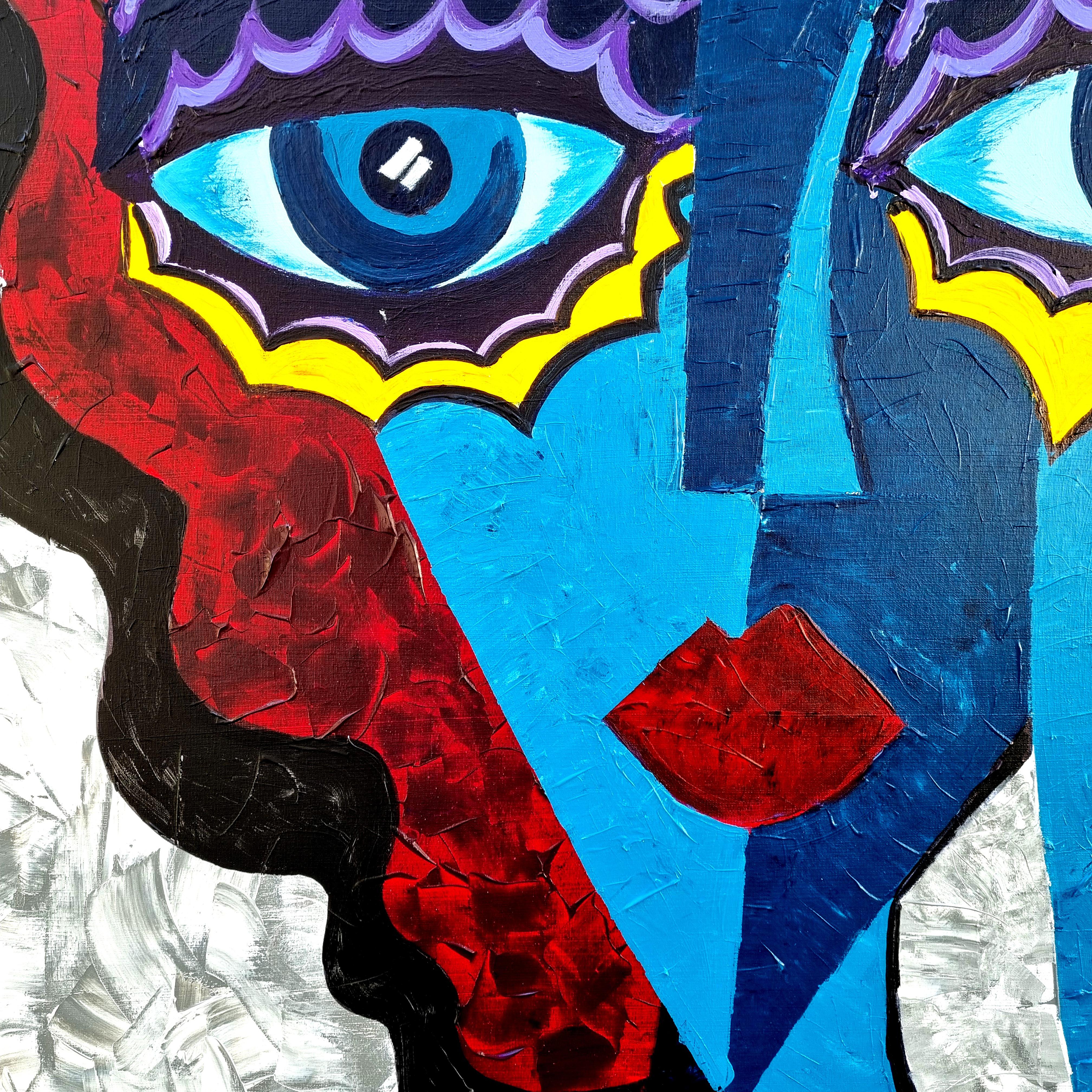 R. Poch. Dos mujeres azules  Ojos pintura original en lienzo acrílico en venta 1