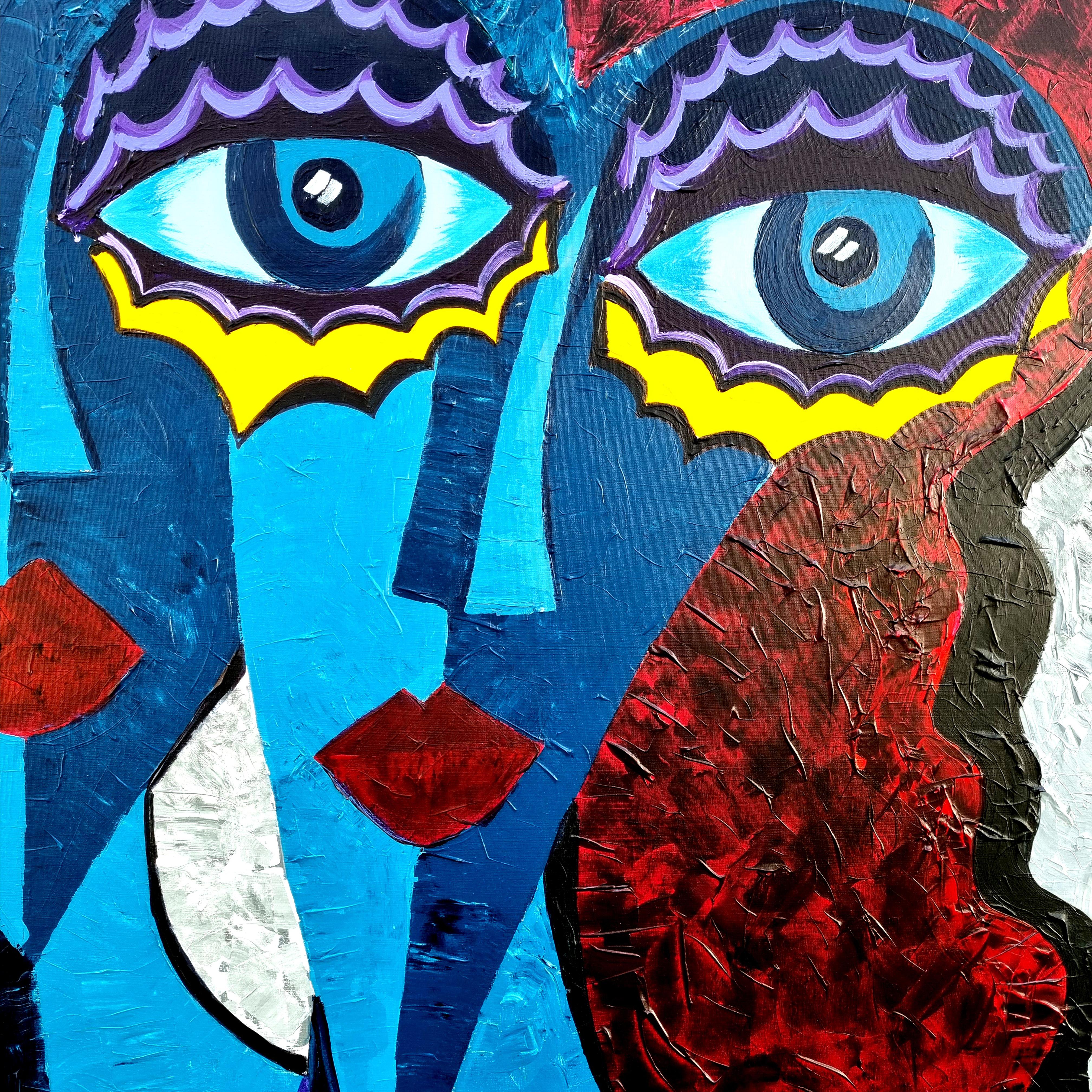 R. Poch. Dos mujeres azules  Ojos pintura original en lienzo acrílico en venta 2