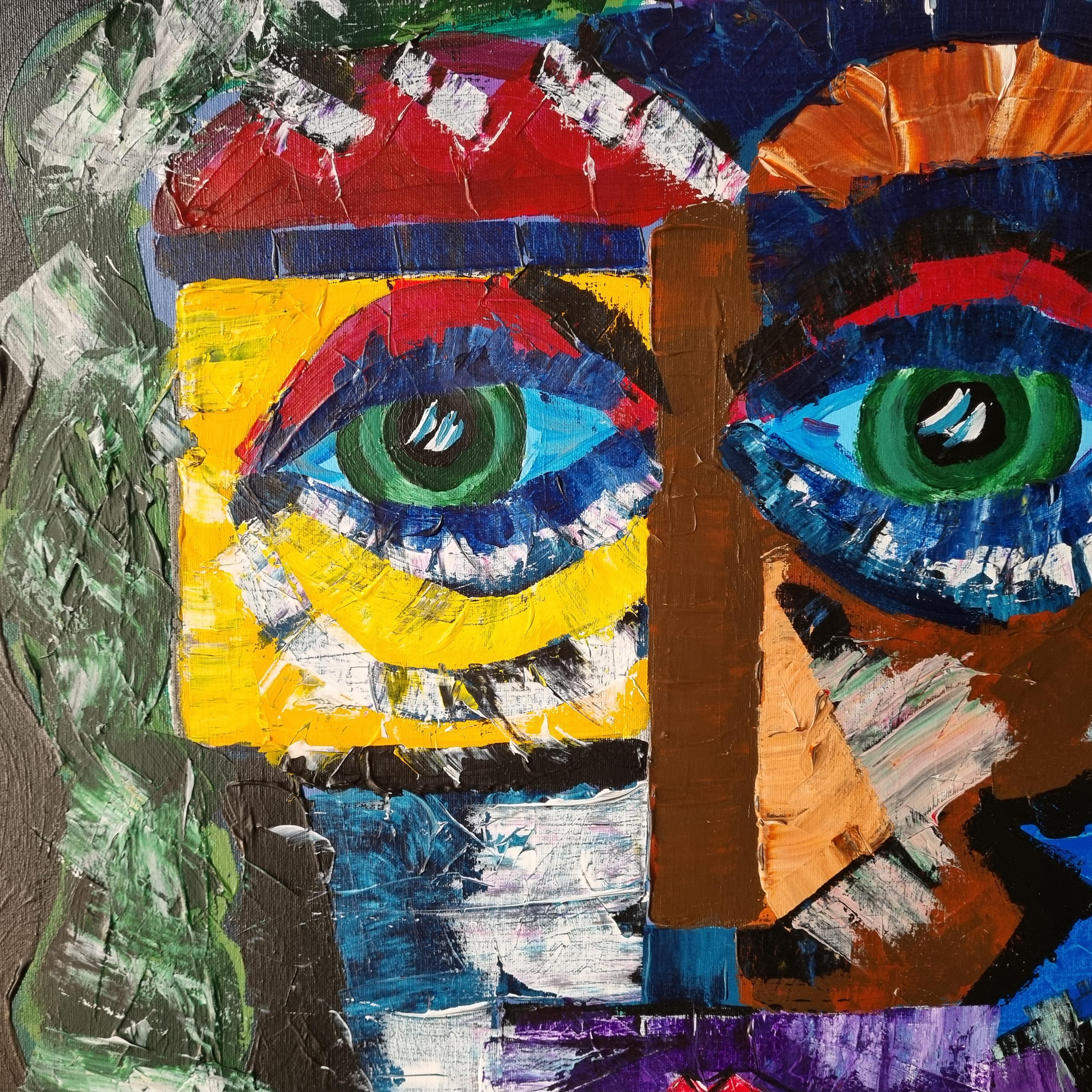 R. Poch   Two Women  colors. Ice Creams original acrylic painting - Abstract Expressionist Painting by Ramon Poch