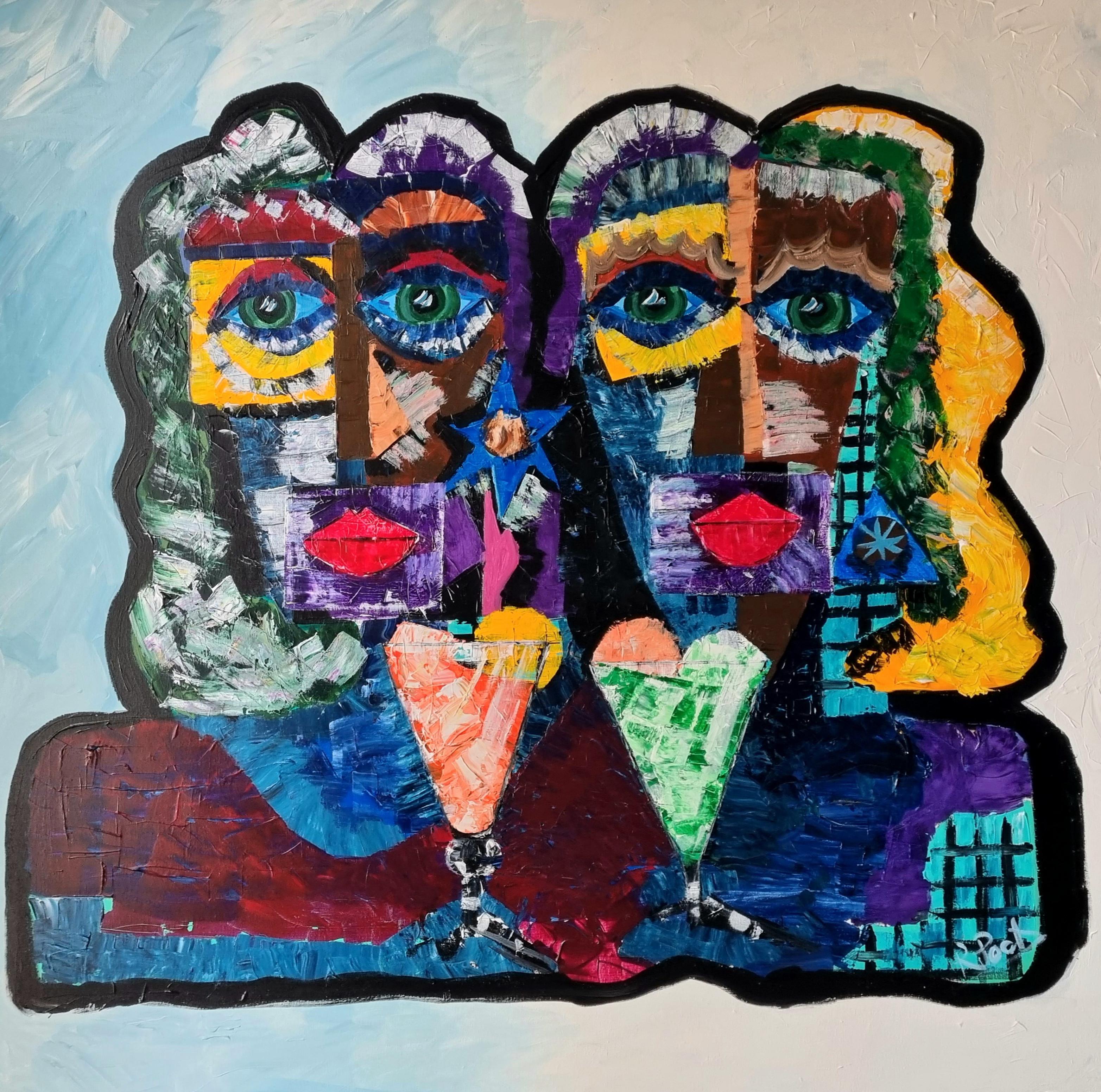 Ramon Poch Figurative Painting - R. Poch   Two Women  colors. Ice Creams original acrylic painting