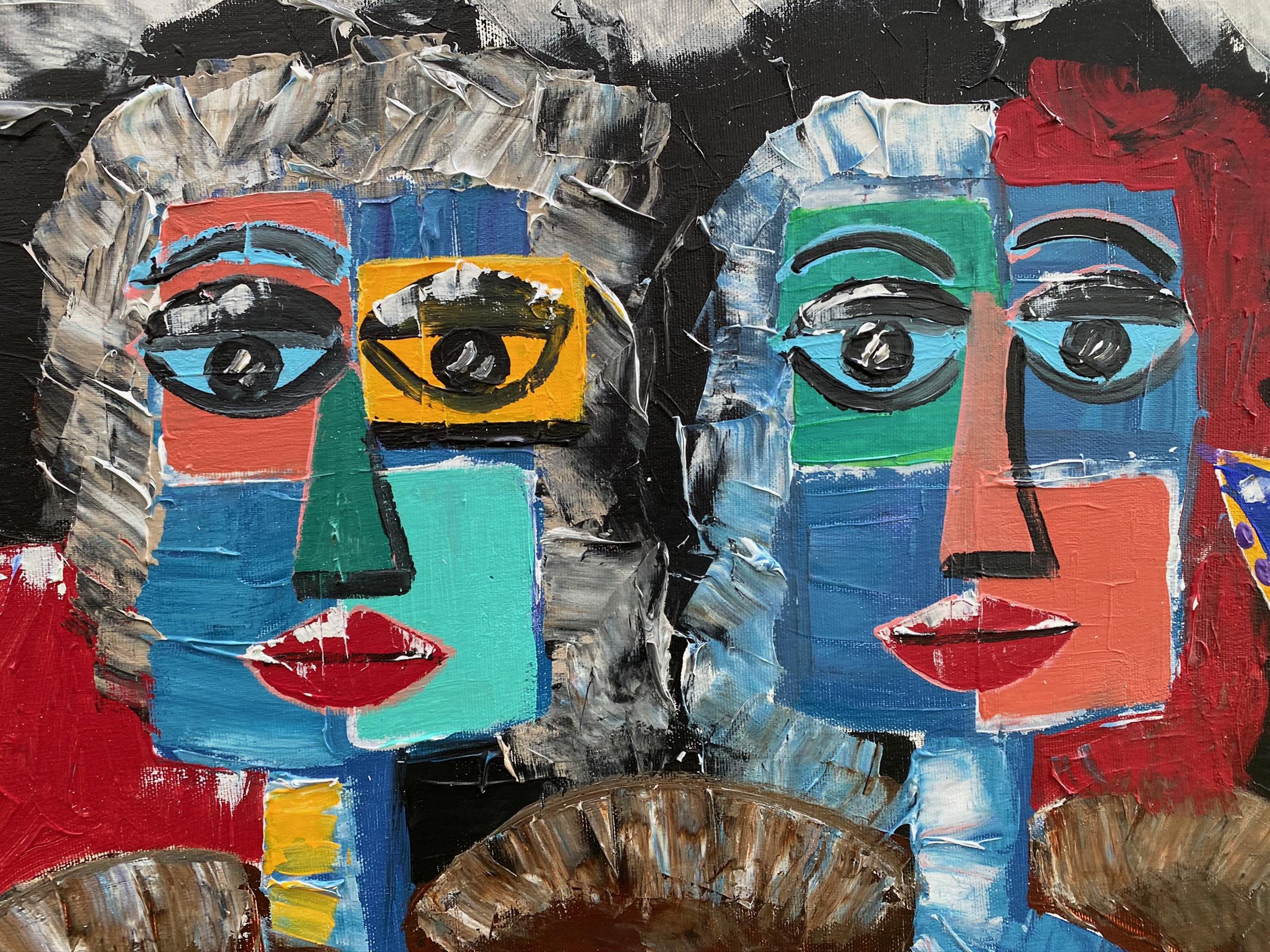 R. Poch.  Zwei Frauen im Sessel mit Katze und Fenster. Original-Acrylgemälde – Painting von Ramon Poch