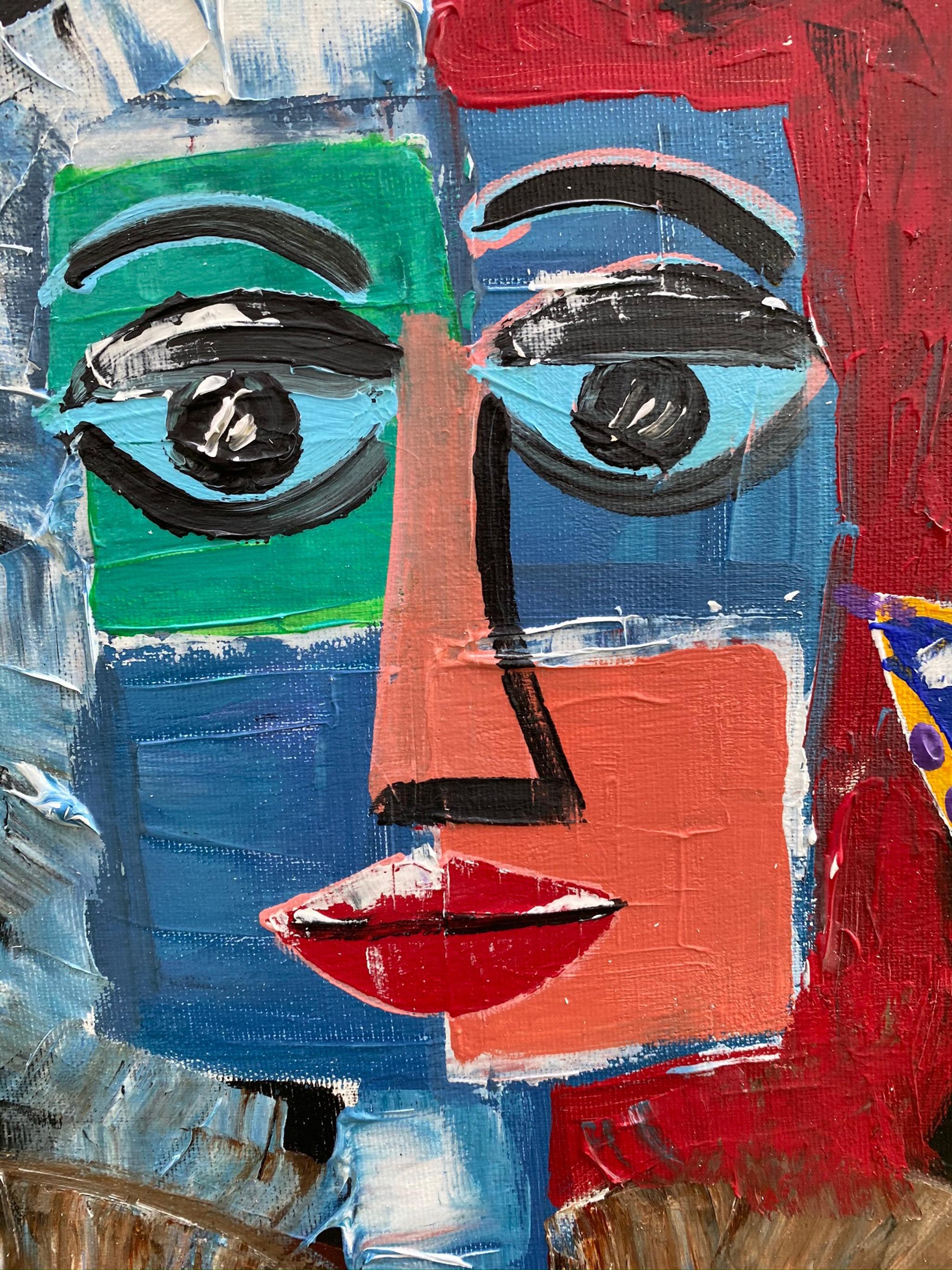R. Poch.  Two Women in Armchair with Cat and Window. original acrylic painting - Abstract Expressionist Painting by Ramon Poch
