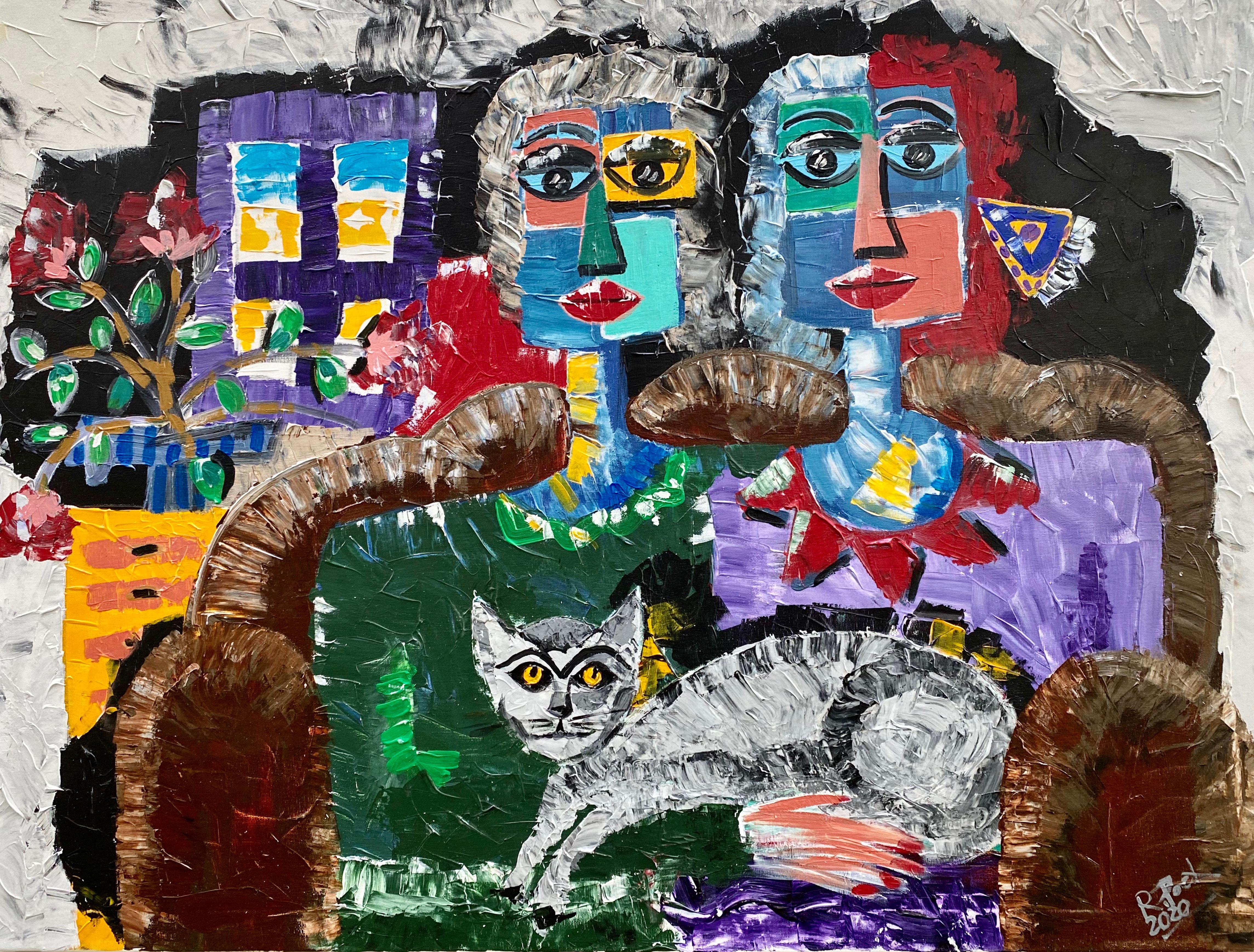 Ramon Poch Figurative Painting – R. Poch.  Zwei Frauen im Sessel mit Katze und Fenster. Original-Acrylgemälde