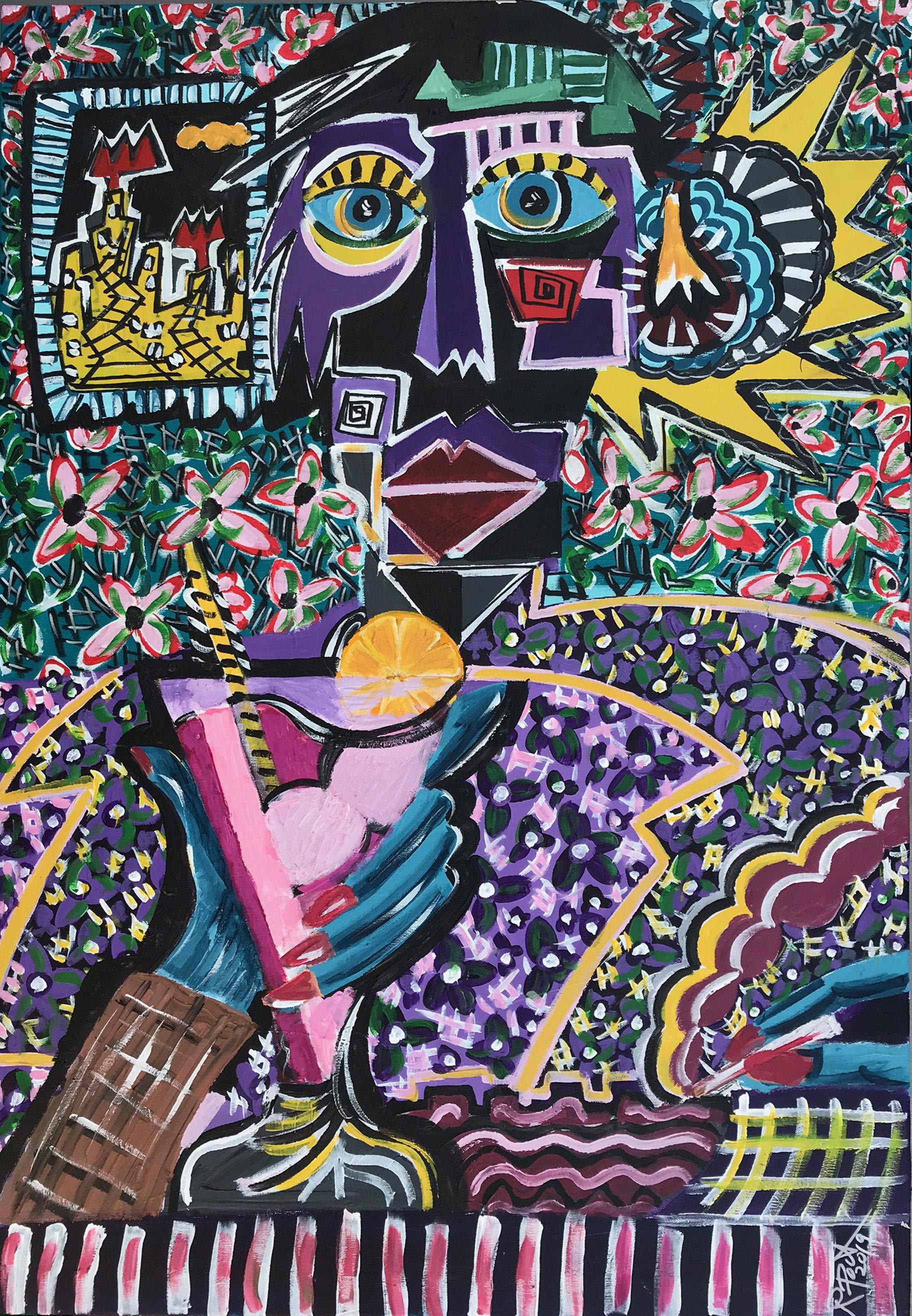Abstract Painting di Ramon Poch - R Poch Vertical 34.-Cup in rosa  pittura acrilica originale