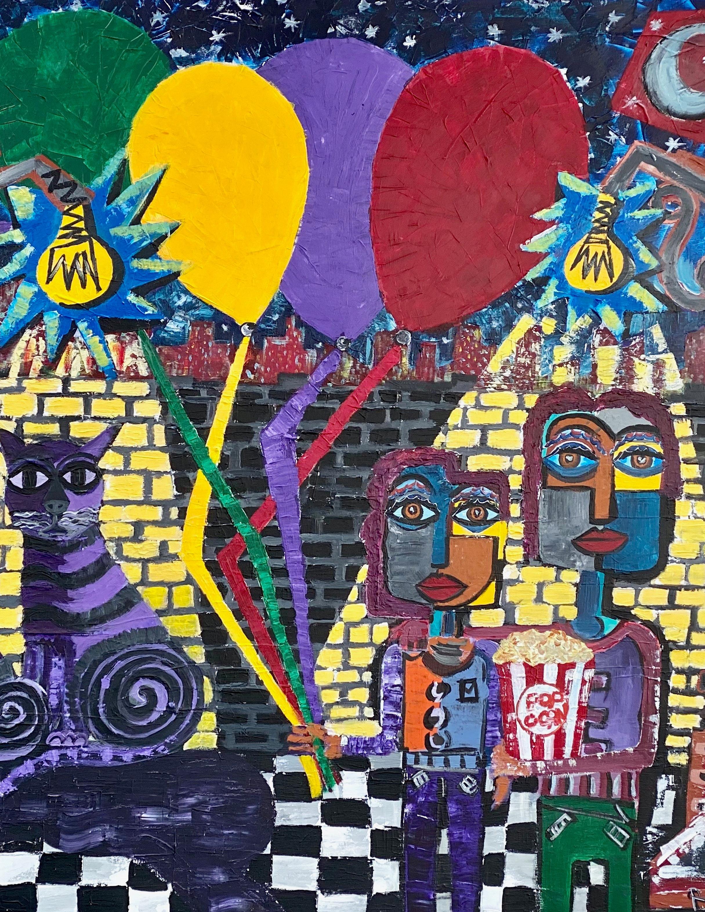 Abstract Painting de Ramon Poch - R. Poch  Vertical  colores. . "Niño con globos 2" 125x98 cm acrílico original