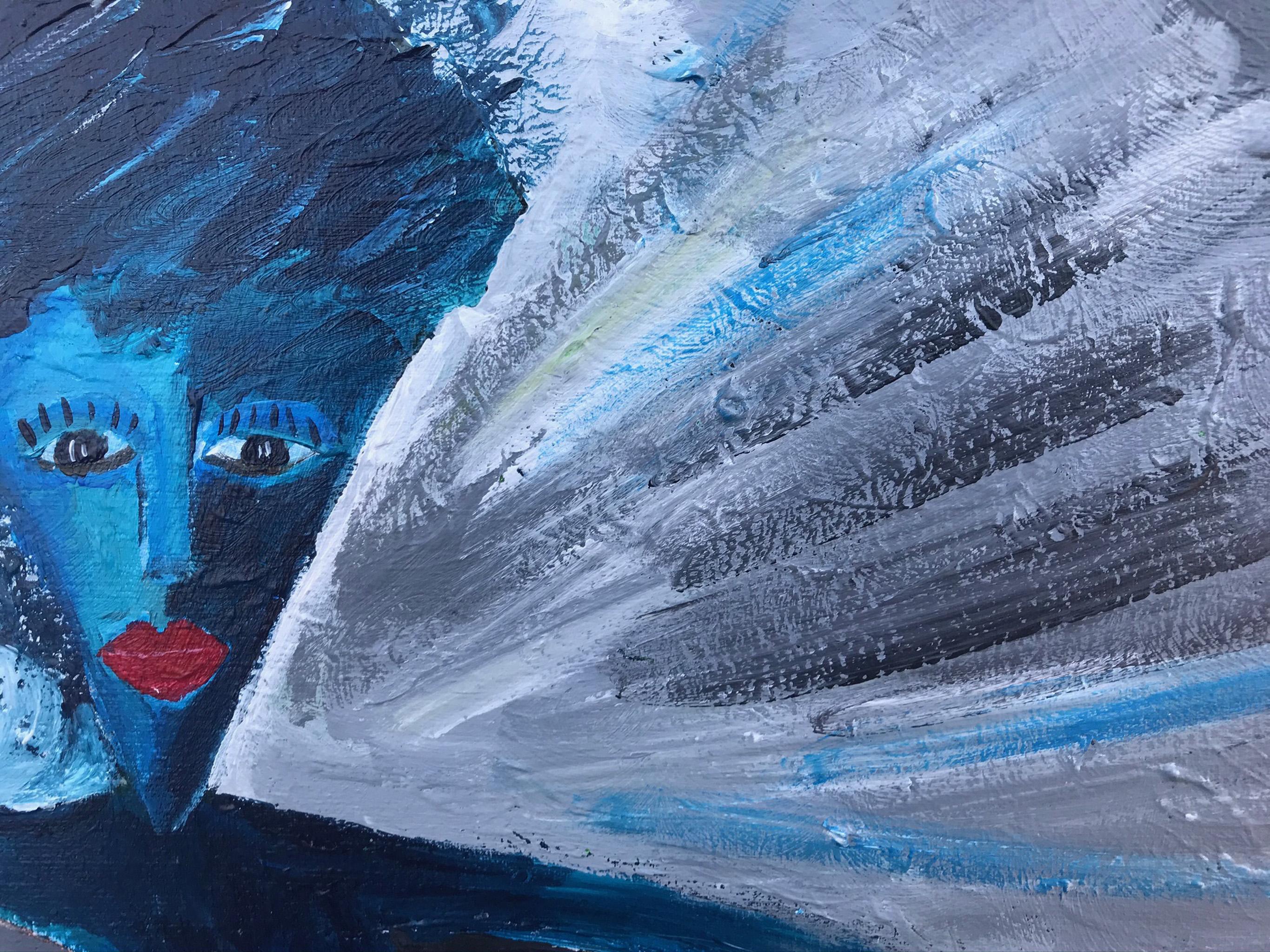 R. Poch   Frau Blau auf Sofa    Acrylmalerei (Schwarz), Figurative Painting, von Ramon Poch