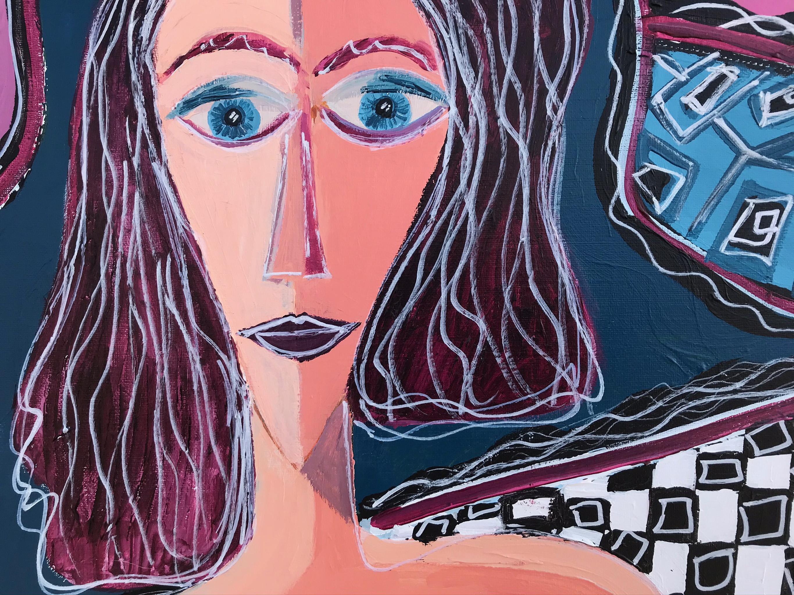 R. Poch. Frau in rotem Kleid auf Sofa    Original-Acrylgemälde – Painting von Ramon Poch