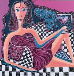 R. Poch. Femme en robe rouge sur canapé peinture acrylique originale