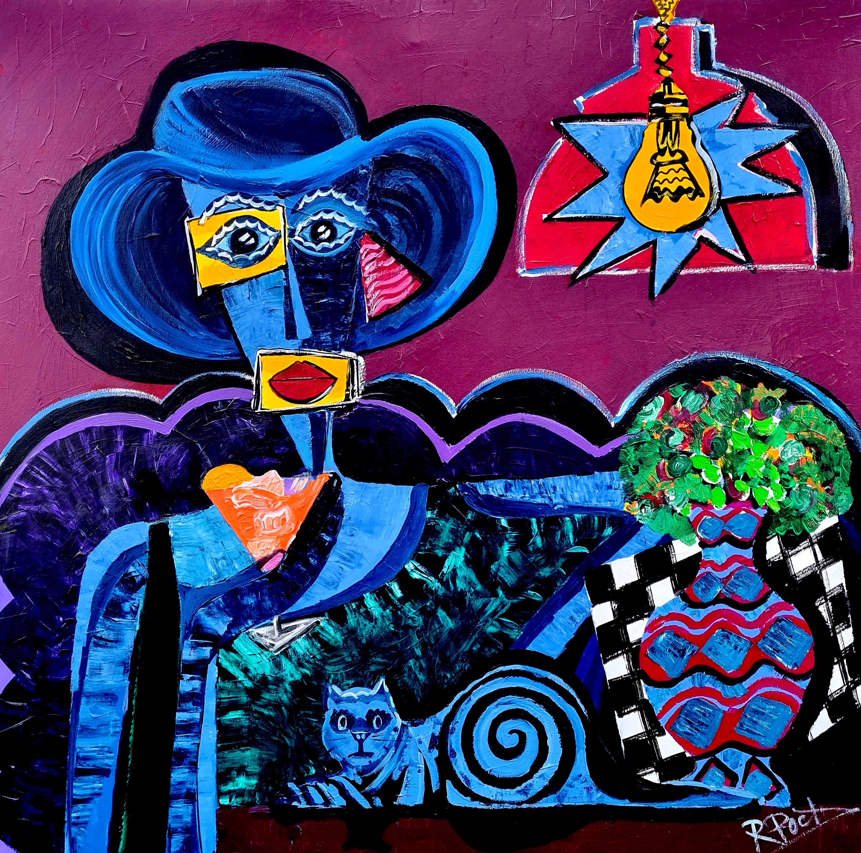 Ramon Poch Figurative Painting - R. Poch  Women  Hat  Red  Square  Big. 97. Orange Cocktail  original acrylic