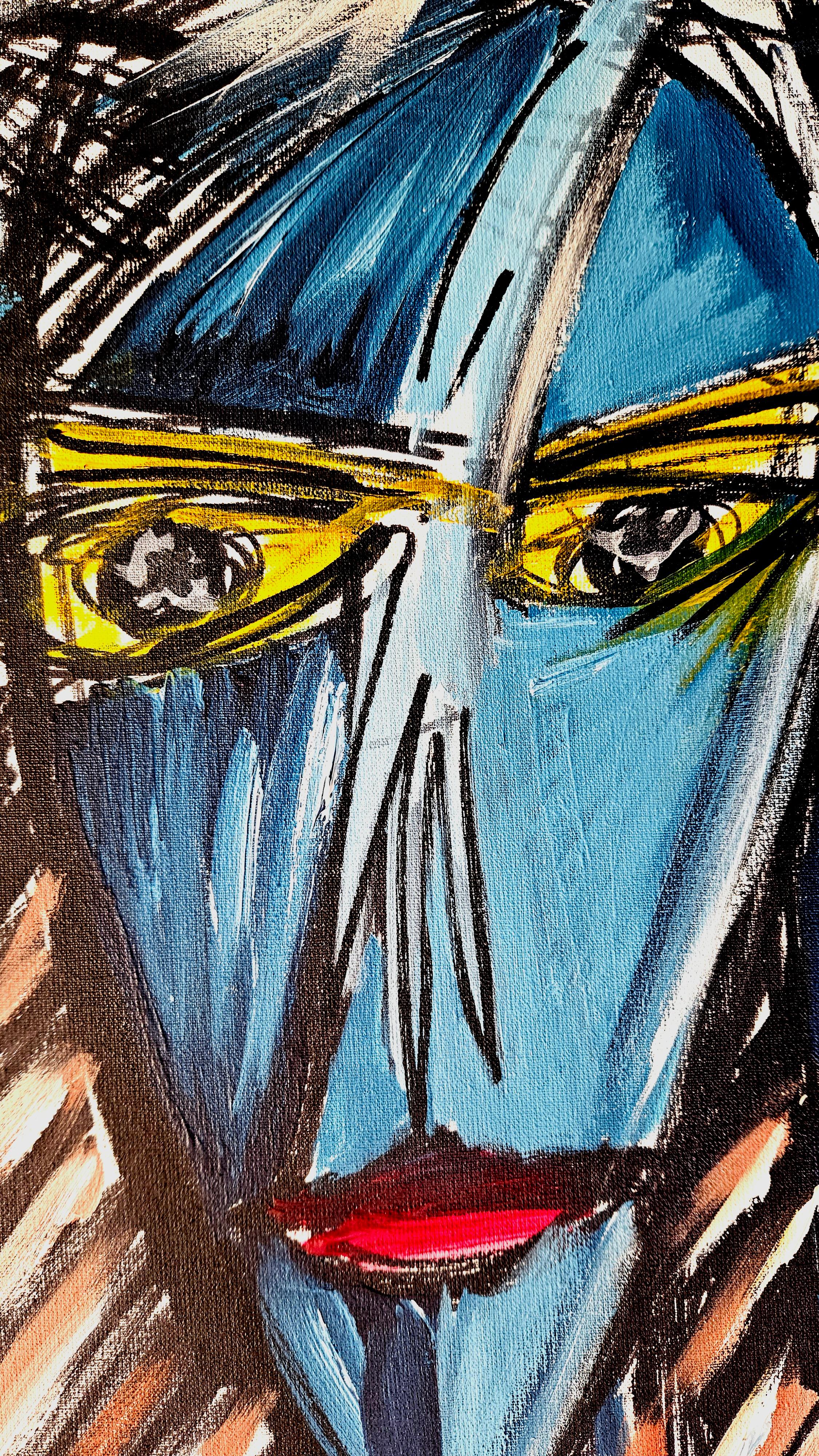 R. Poch Yellow eyes original acrylic painting - Black Abstract Painting by Ramon Poch