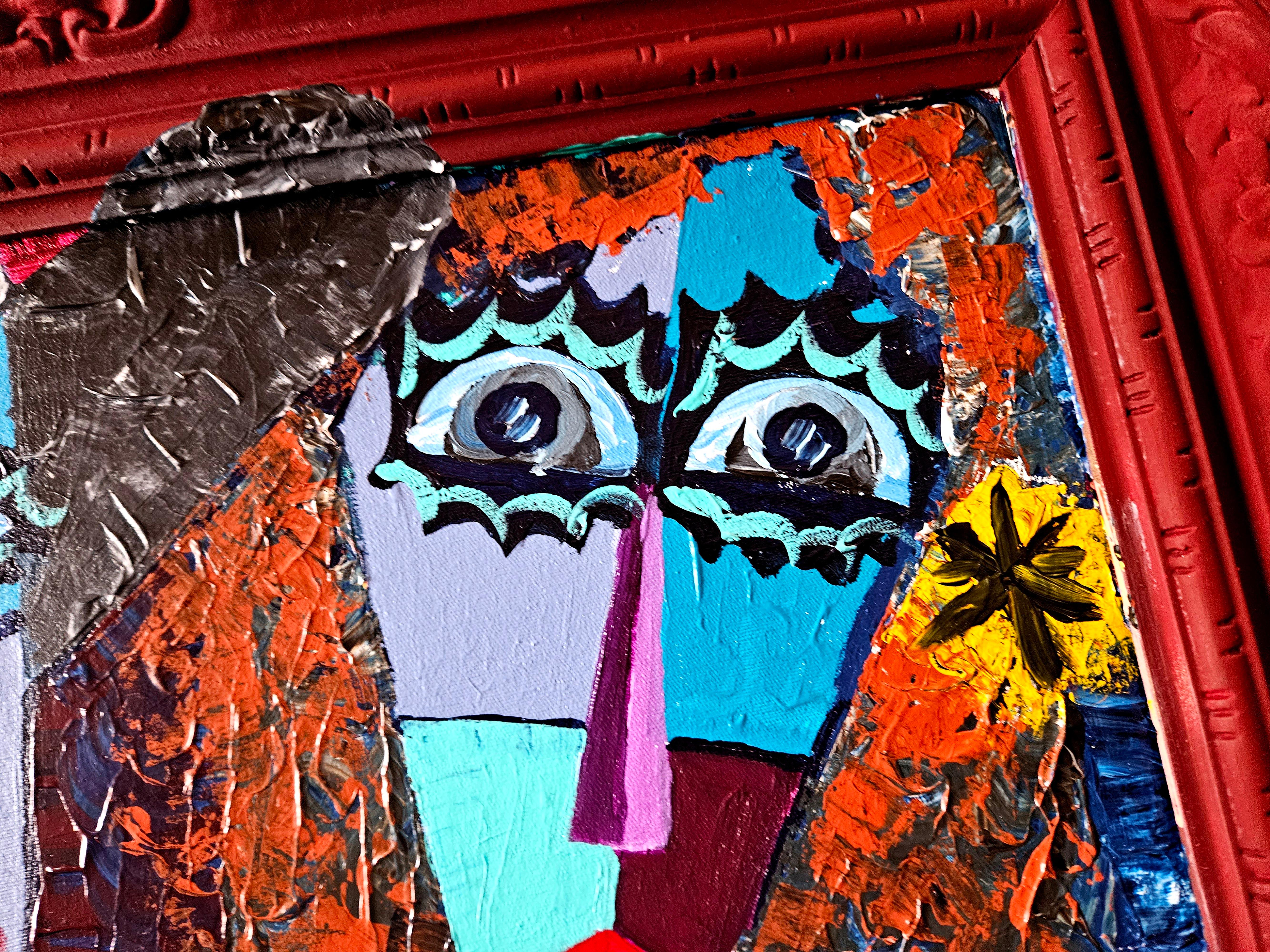 R. Poch.14  flowers and cat  original acrylic canvas painting - Dada Painting by Ramon Poch