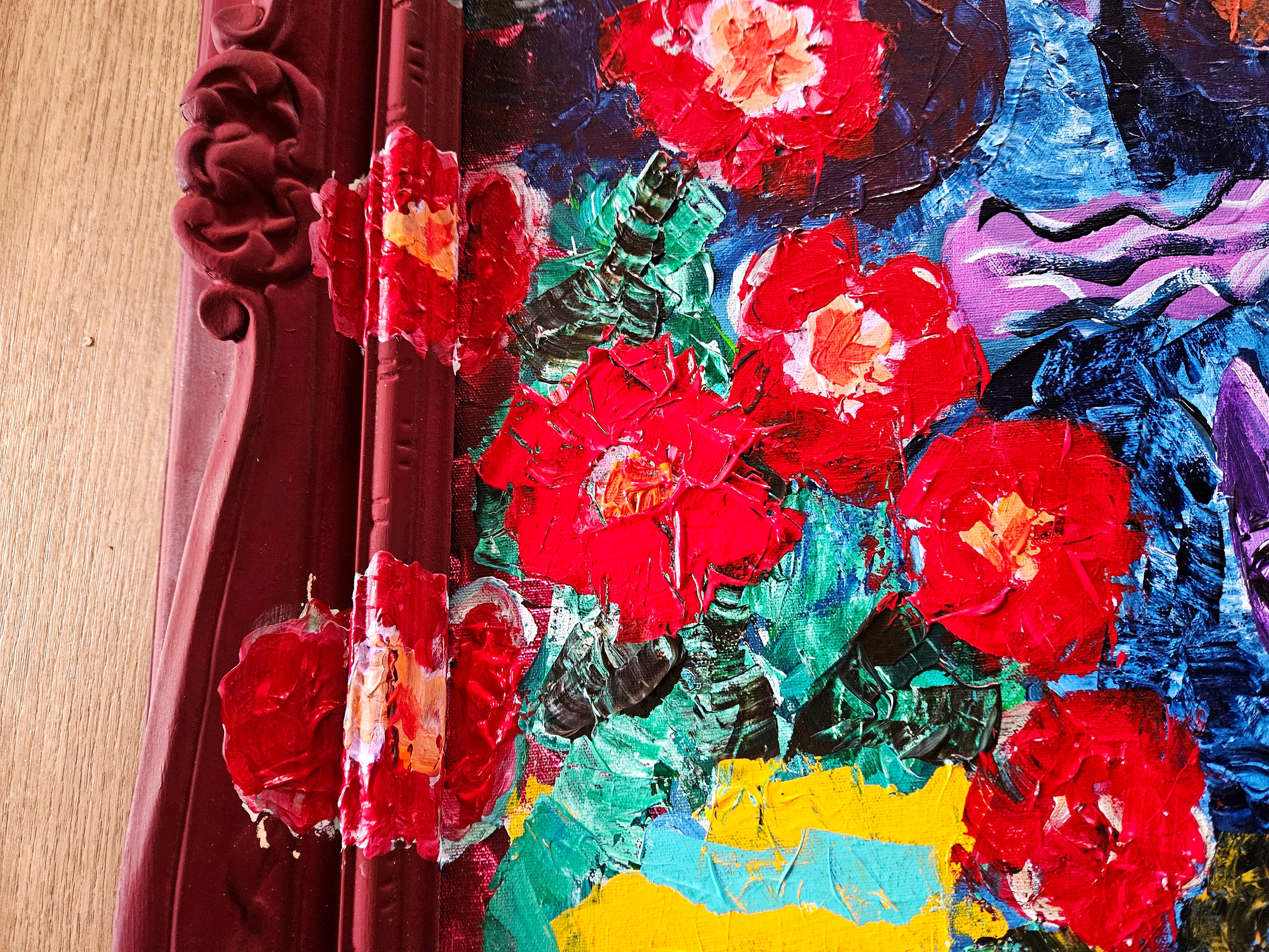 R. Poch.14  flowers and cat  original acrylic canvas painting - Black Still-Life Painting by Ramon Poch