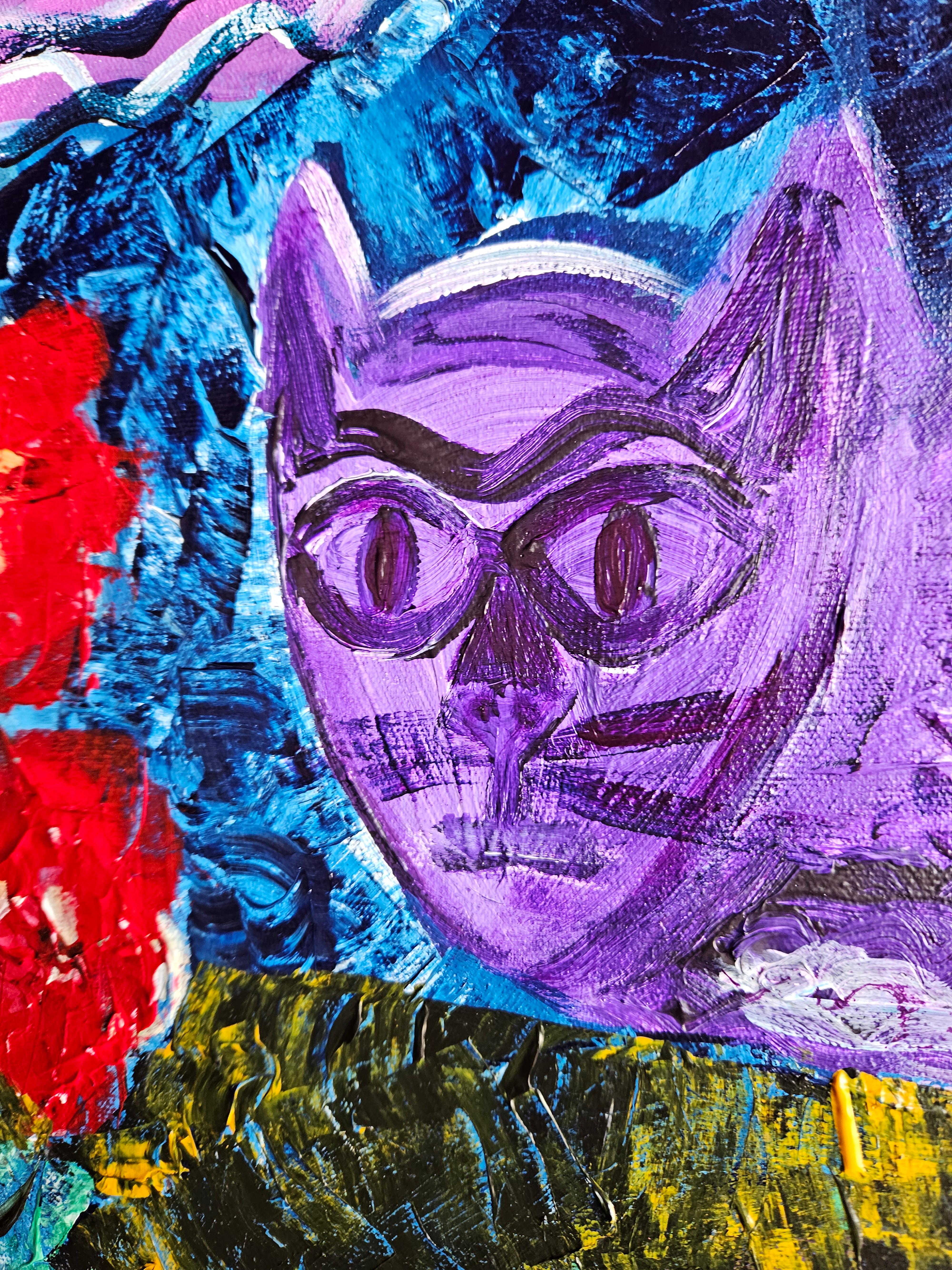 R. Poch.14  flowers and cat  original acrylic canvas painting For Sale 1