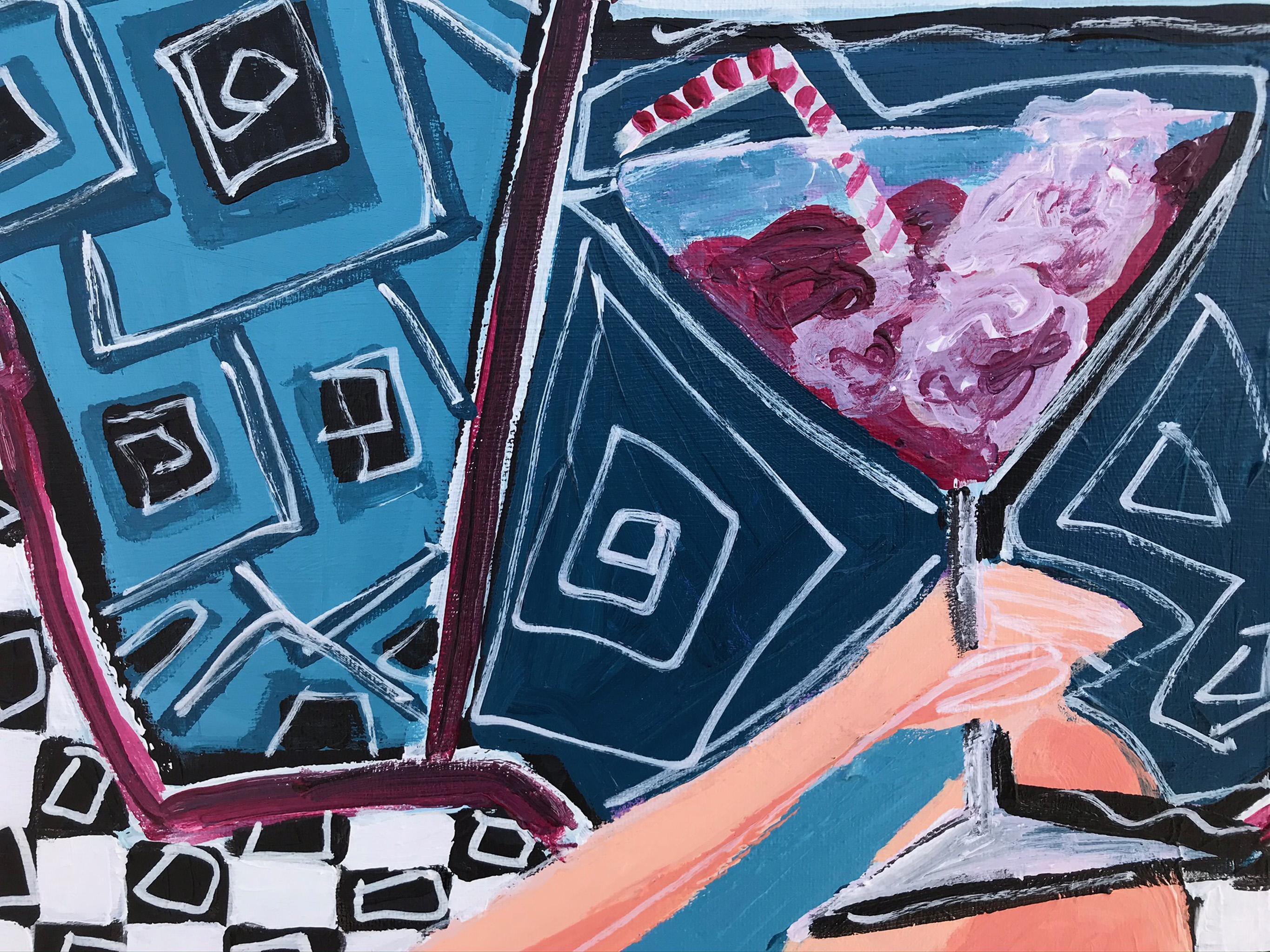 R. Poch Woman in Red Dress on Sofa    original acrylic painting - Abstract Expressionist Painting by Ramon Poch