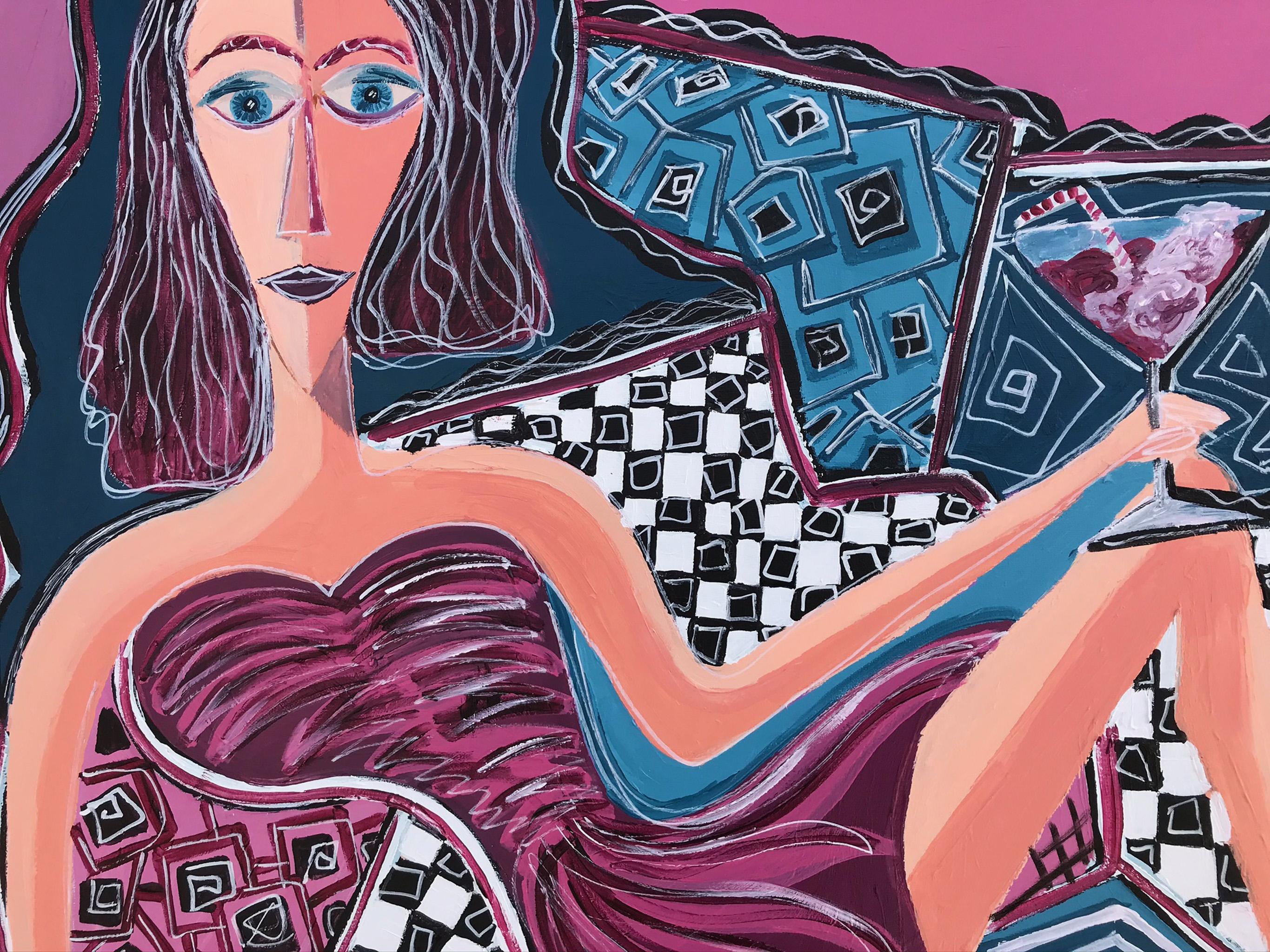 R. Poch Woman in Red Dress on Sofa    original acrylic painting - Brown Interior Painting by Ramon Poch