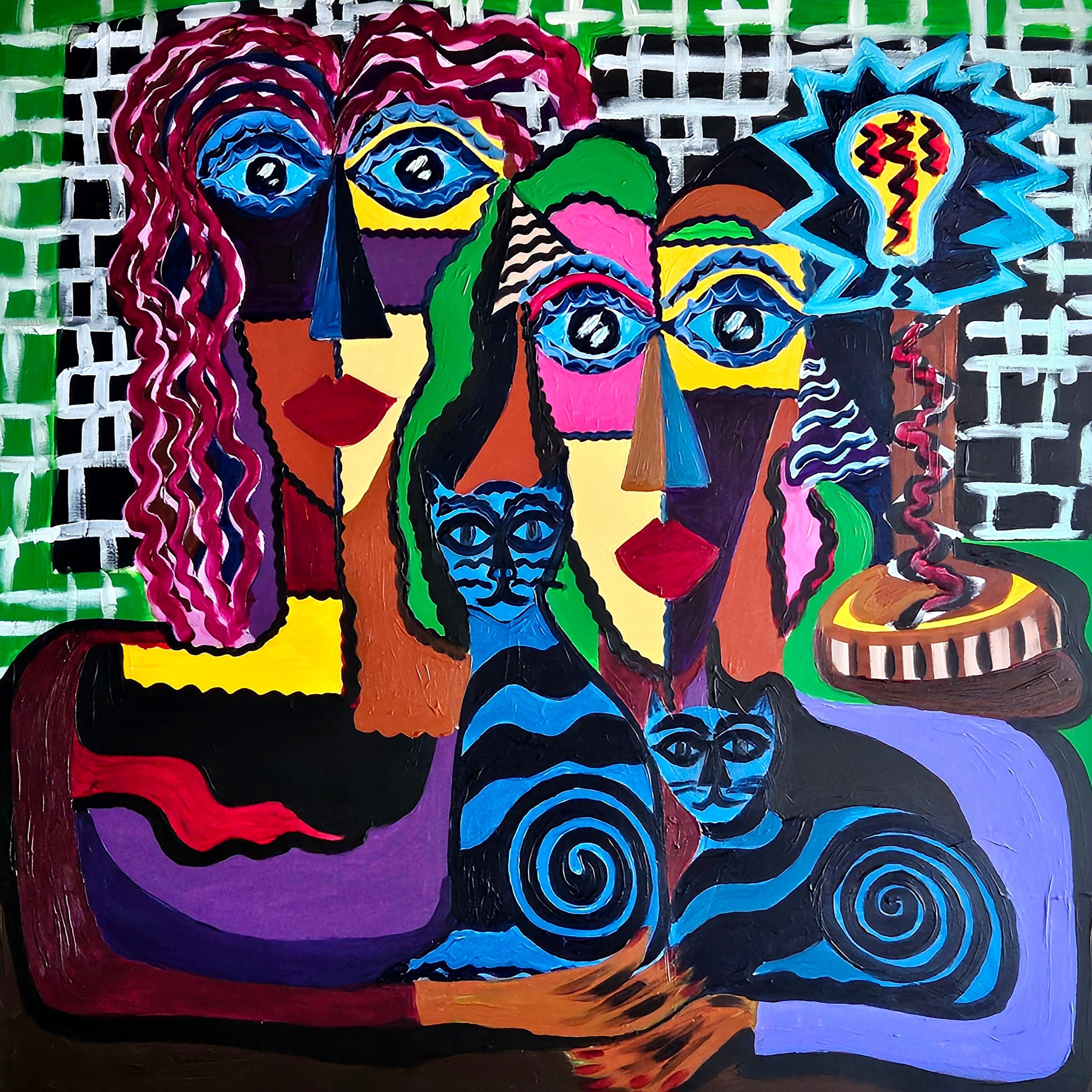 Ramon Poch  124 Cats in blue 120x120 cm   original acrylic painting 1