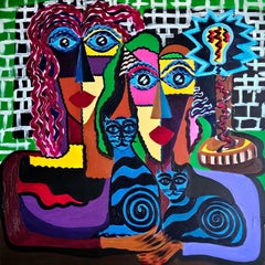 Ramon Poch  124 Cats in blue 120x120 cm   original acrylic painting