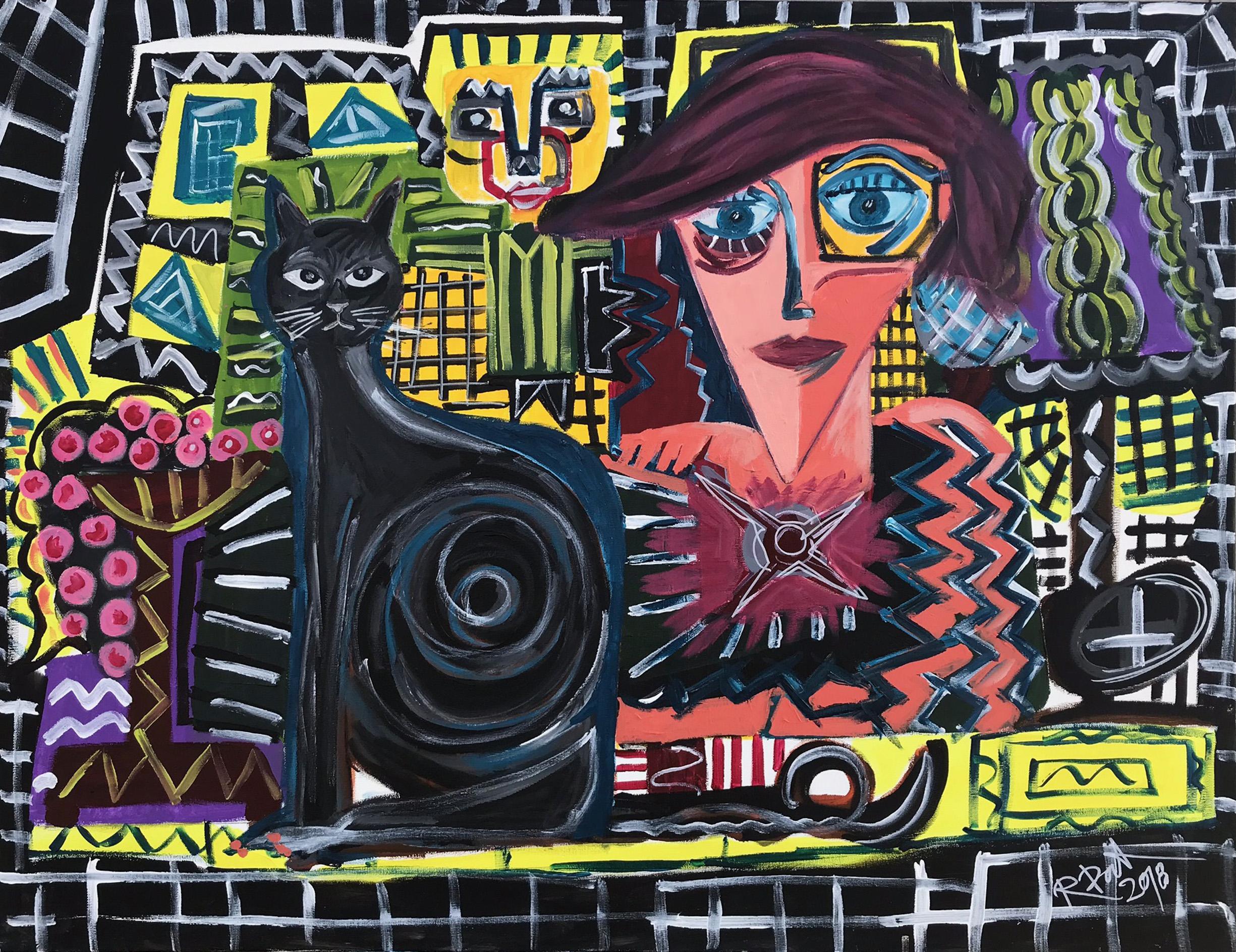 Ramon Poch 15 Charakter Black Cat. original Acrylgemälde
