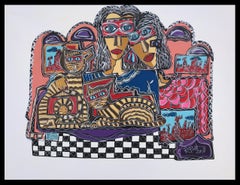 Ramon Poch 21 Couple with Cats 115 x 90 cm- original acrylic painting